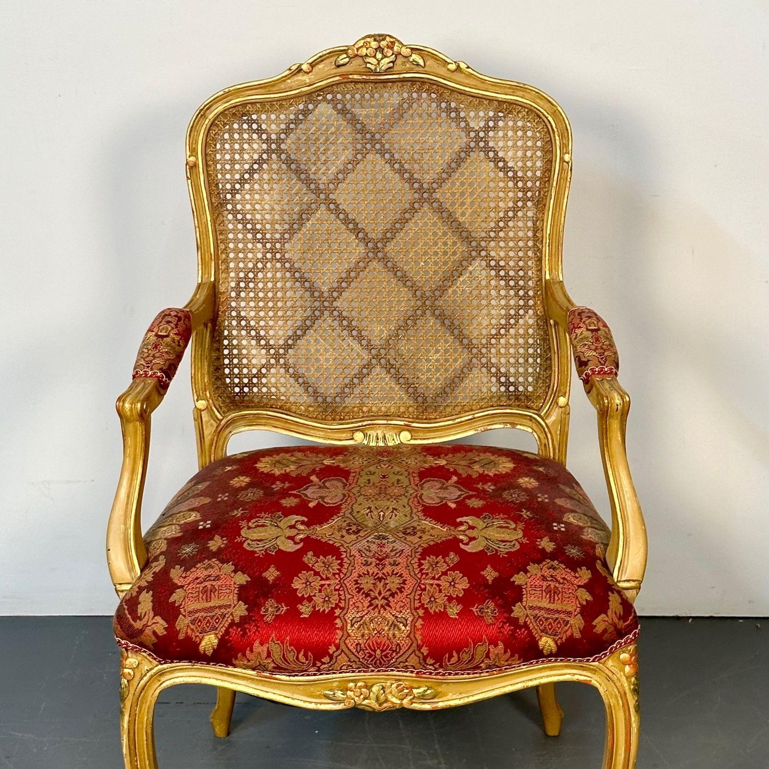 Louis XV Style, Ten Dining Chairs, Gold Gilt, Cane, Red Fabric, France, 1960s For Sale 14