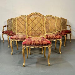 Louis XV Style, Ten Dining Chairs, Gold Gilt, Cane, Red Fabric, France, 1960s