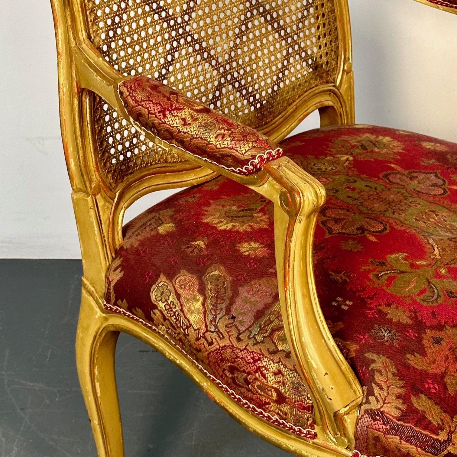 Louis XV Style, Ten Dining Chairs, Gold Gilt, Cane, Red Fabric, France, 1960s For Sale 15