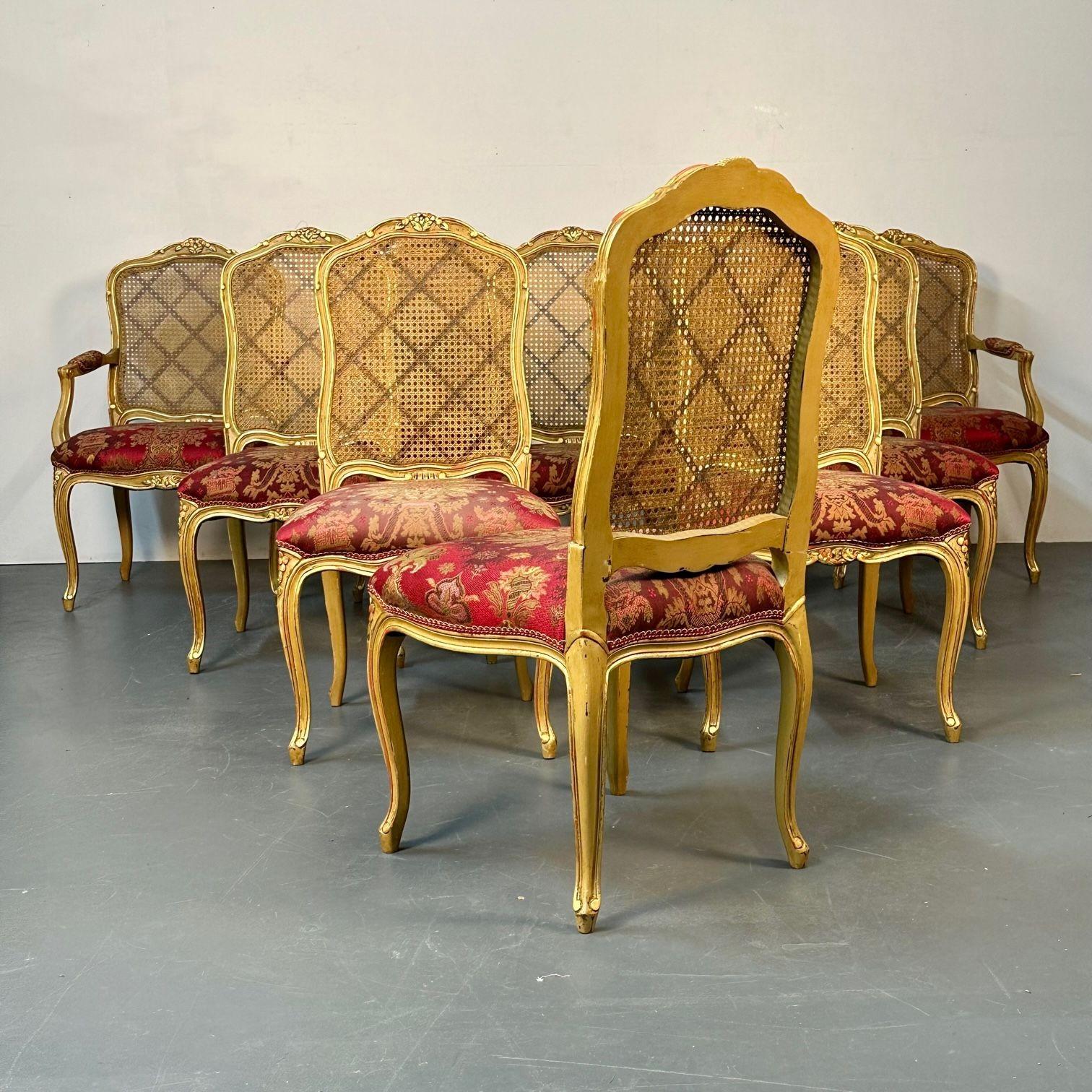Louis XV Style, Ten Dining Chairs, Gold Gilt, Cane, Red Fabric, France, 1960s In Good Condition For Sale In Stamford, CT