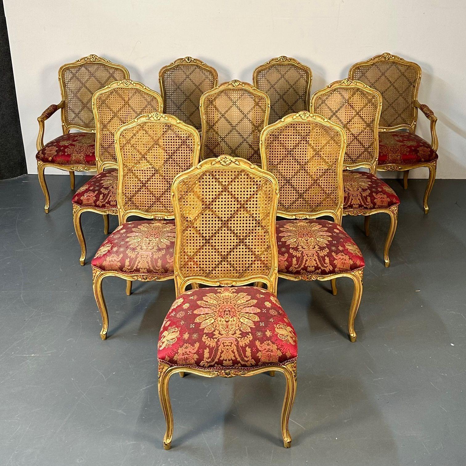 20th Century Louis XV Style, Ten Dining Chairs, Gold Gilt, Cane, Red Fabric, France, 1960s For Sale