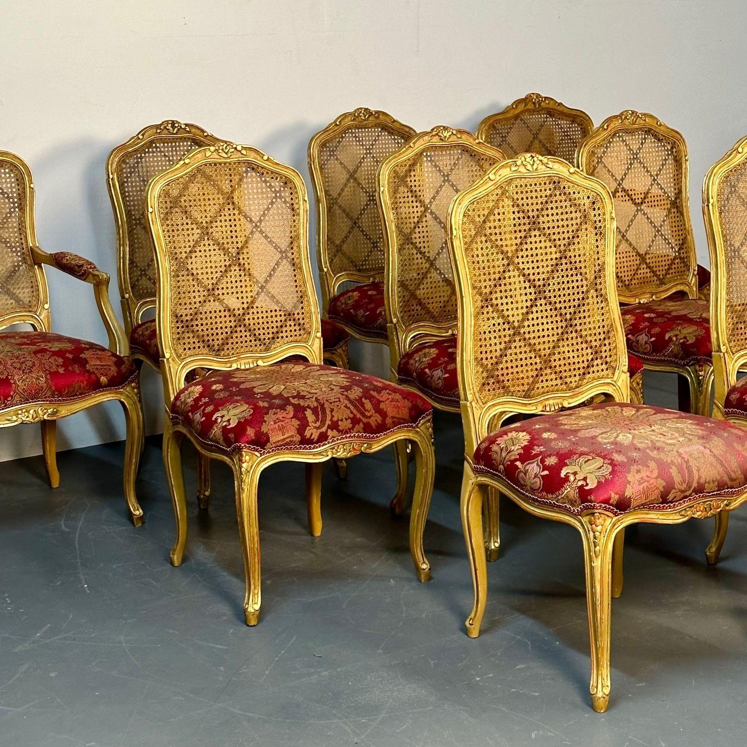 Textile Louis XV Style, Ten Dining Chairs, Gold Gilt, Cane, Red Fabric, France, 1960s For Sale