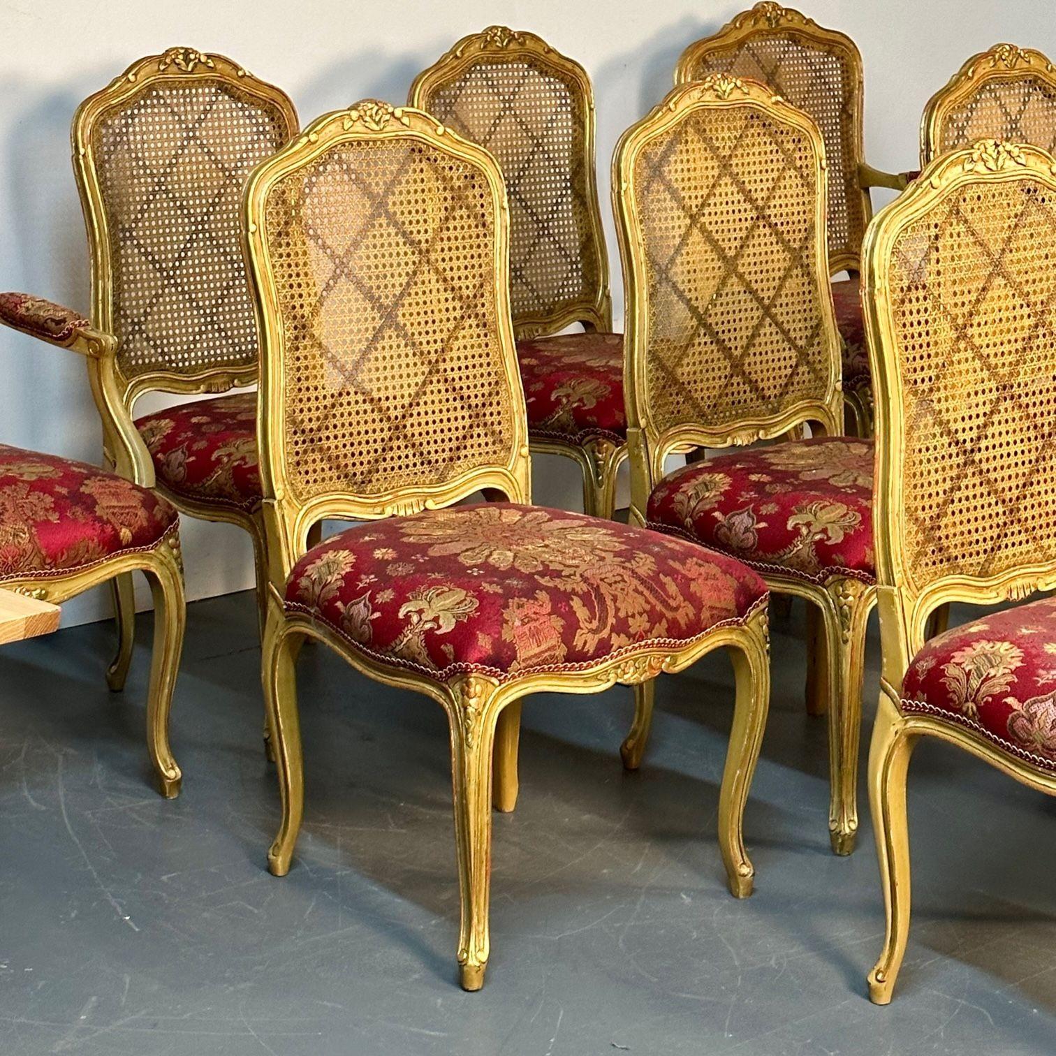 Louis XV Style, Ten Dining Chairs, Gold Gilt, Cane, Red Fabric, France, 1960s For Sale 1