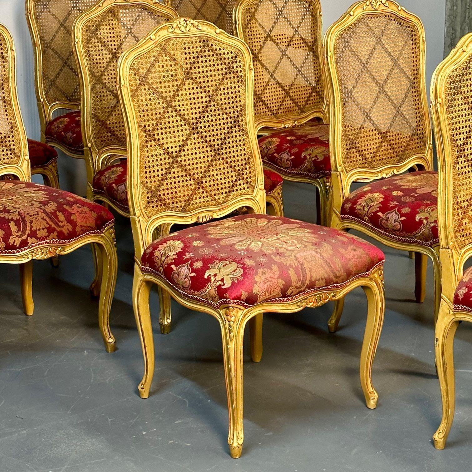 Louis XV Style, Ten Dining Chairs, Gold Gilt, Cane, Red Fabric, France, 1960s For Sale 2