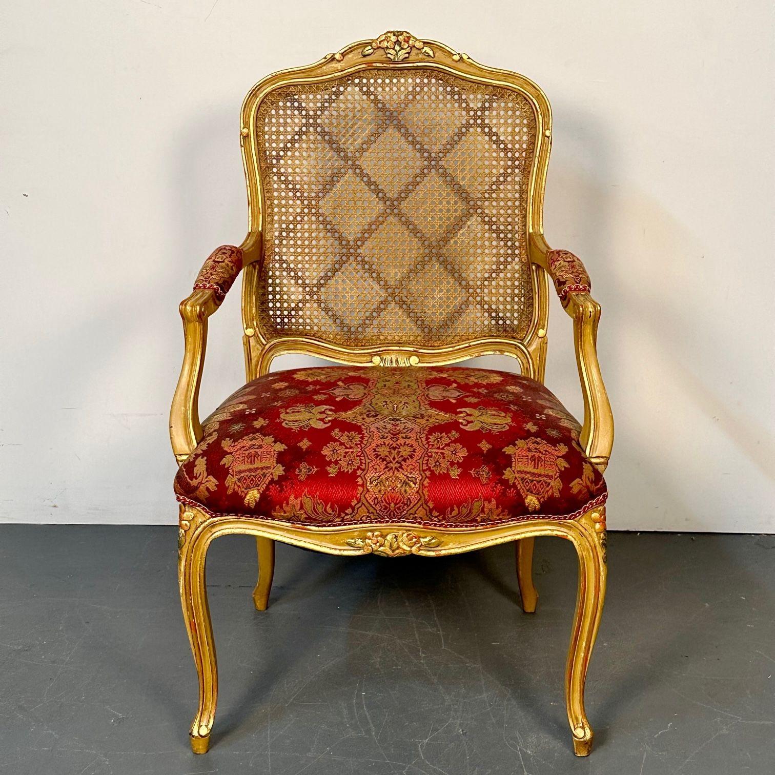 Louis XV Style, Ten Dining Chairs, Gold Gilt, Cane, Red Fabric, France, 1960s For Sale 3
