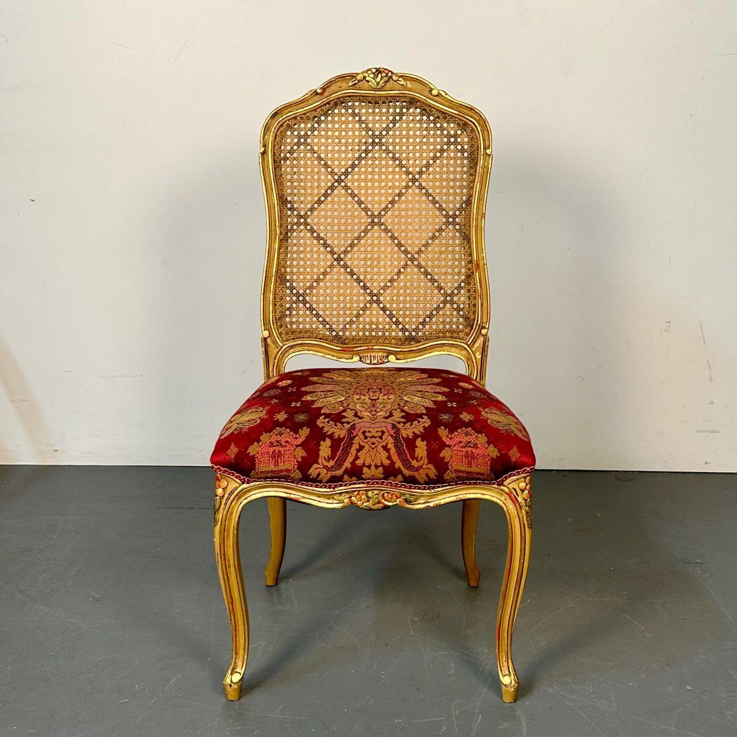 Louis XV Style, Ten Dining Chairs, Gold Gilt, Cane, Red Fabric, France, 1960s For Sale 4
