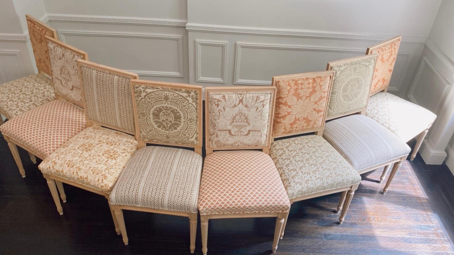 American Set of Ten Louis XVI Style Dining Chairs in Fortuny Fabrics