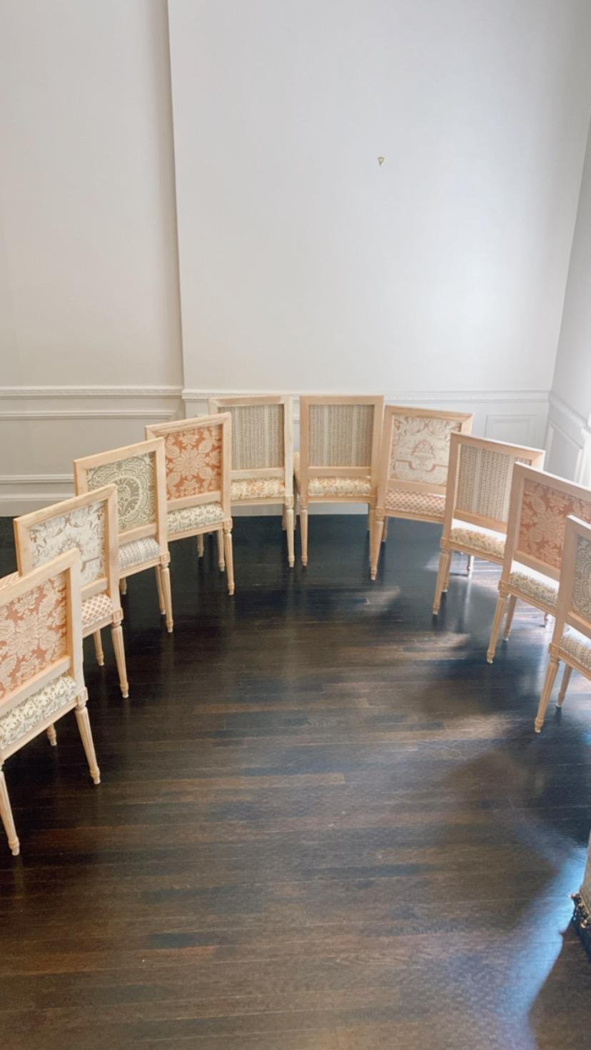 Set of Ten Louis XVI Style Dining Chairs in Fortuny Fabrics In Good Condition In Southampton, NY