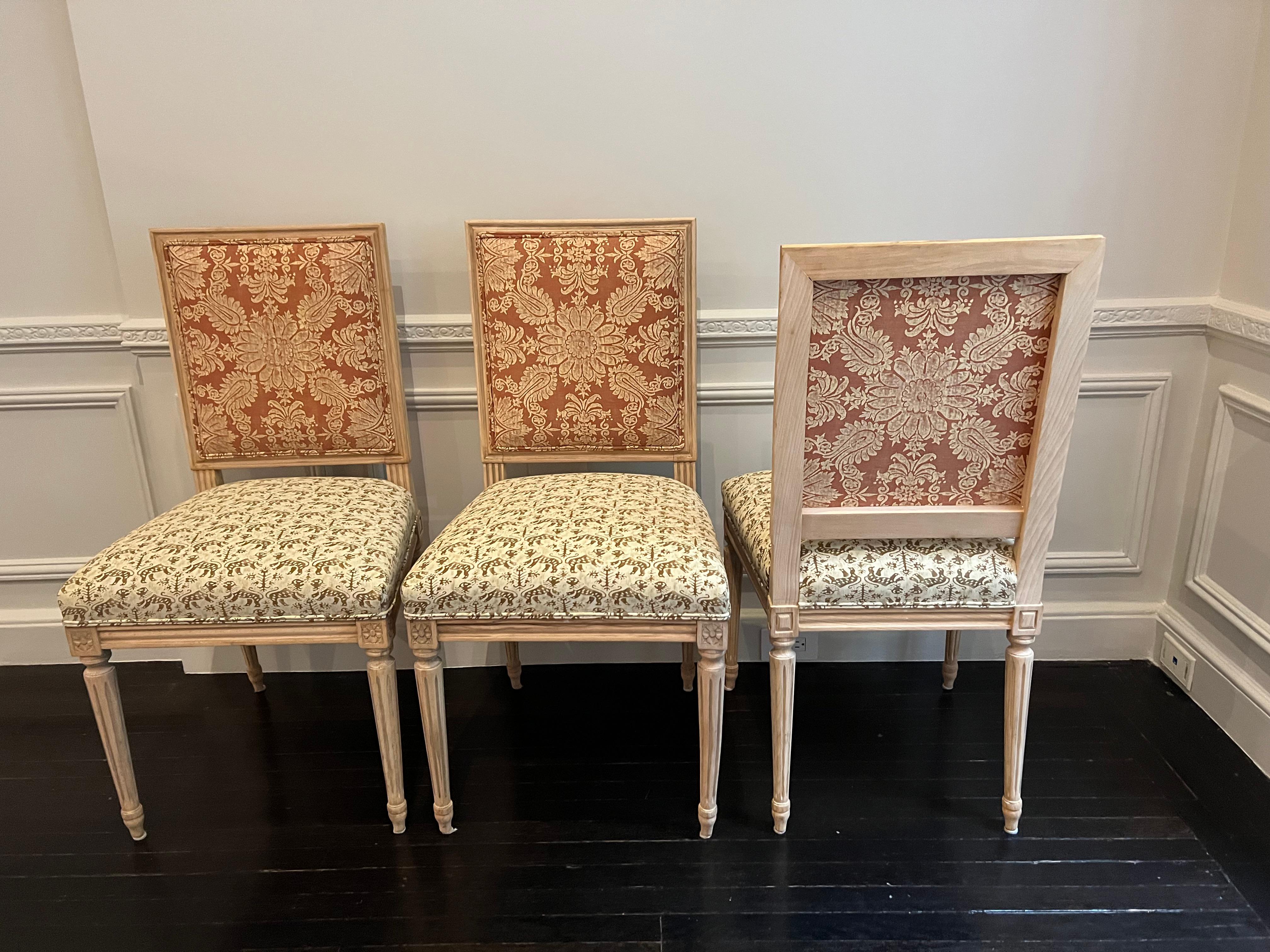 Set of Ten Louis XVI Style Dining Chairs in Fortuny Fabrics 1