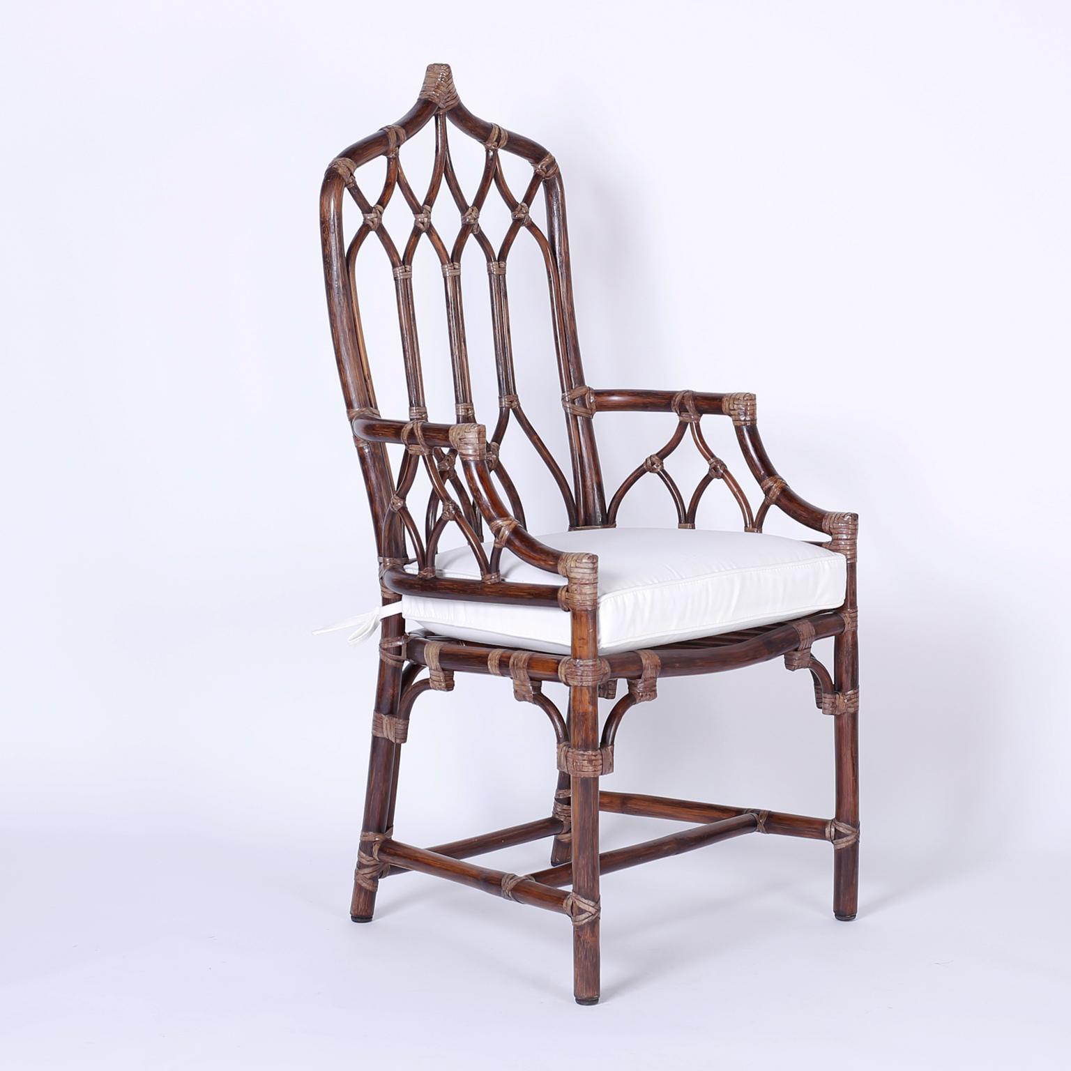 British Colonial Set of Ten McGuire Rattan Dining Chairs