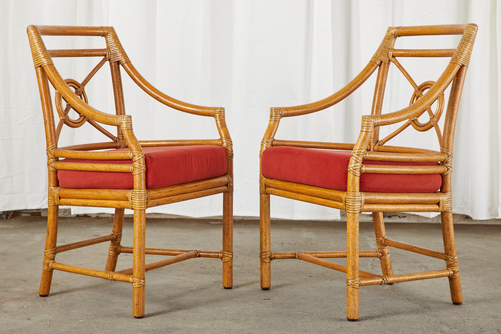American Set of Ten McGuire Rattan Target Design Dining Chairs