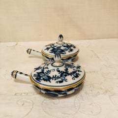 Set of Ten Meissen Blue Onion Pots de Crème with Handles and Gold Rims