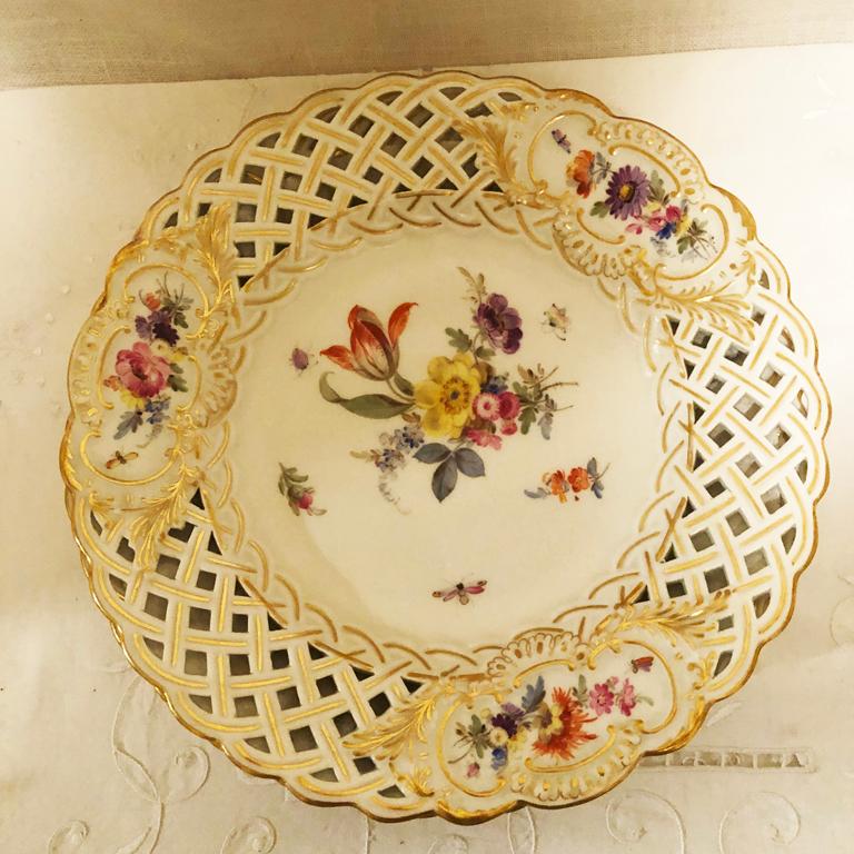 German Set of Ten Meissen Reticulated Dessert Plates Painted with Flowers and Insects