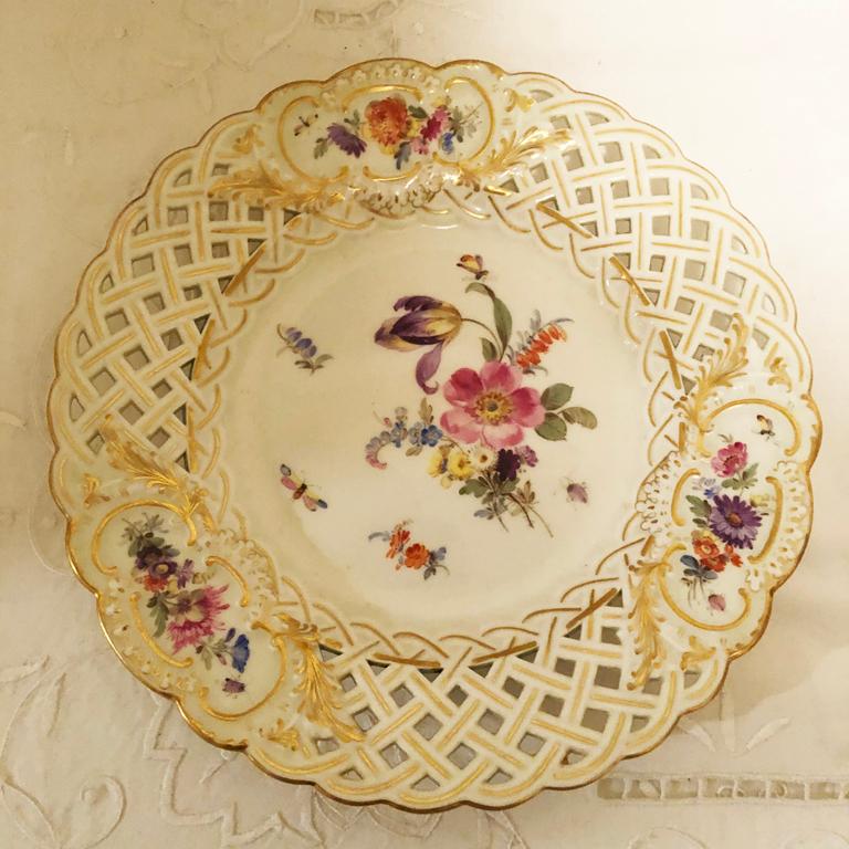 19th Century Set of Ten Meissen Reticulated Dessert Plates Painted with Flowers and Insects