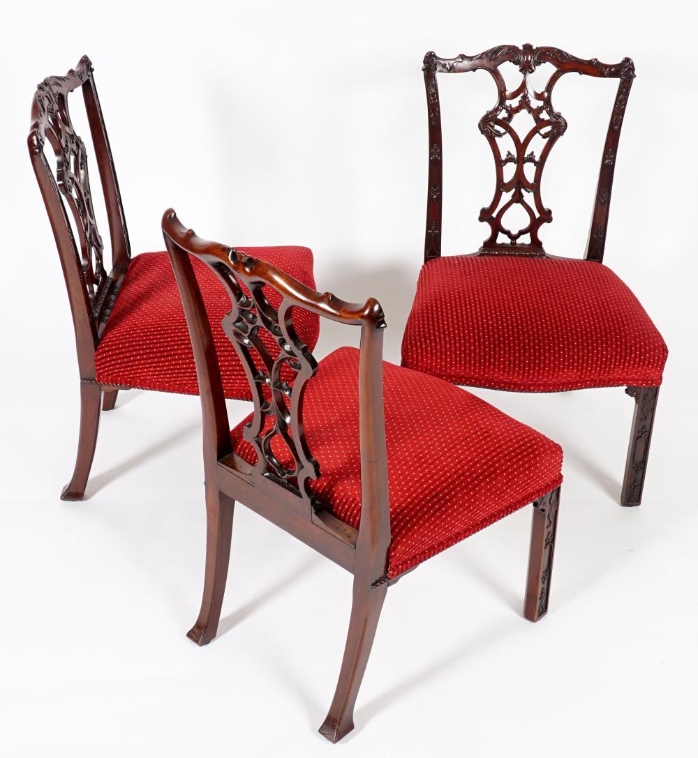 An exquisite set of ten Chinese Chippendale mahogany dining chairs. Well carved back and silver form arm cavings. Fretwork legs. Period styling. Six sides and four arms.

Purchased by Collector at Christies, London, 1990 for $ 28,000 and well
