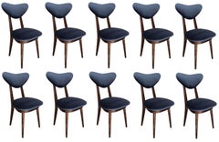 Set of Ten Mid Century Blue Velvet, Walnut Wood, Heart Chairs, Poland, 1960s
