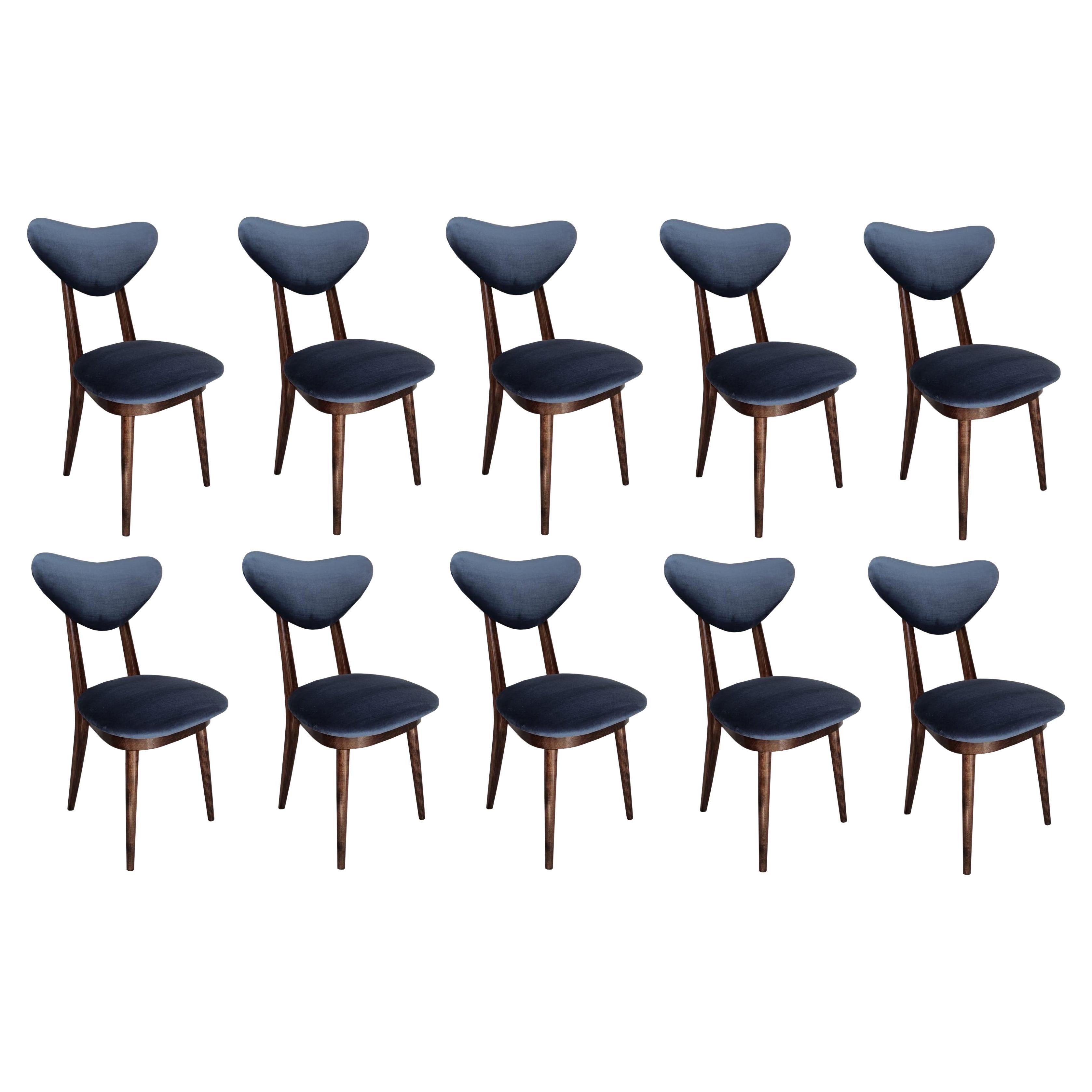 Set of Ten Mid Century Blue Velvet, Walnut Wood, Heart Chairs, Poland, 1960s