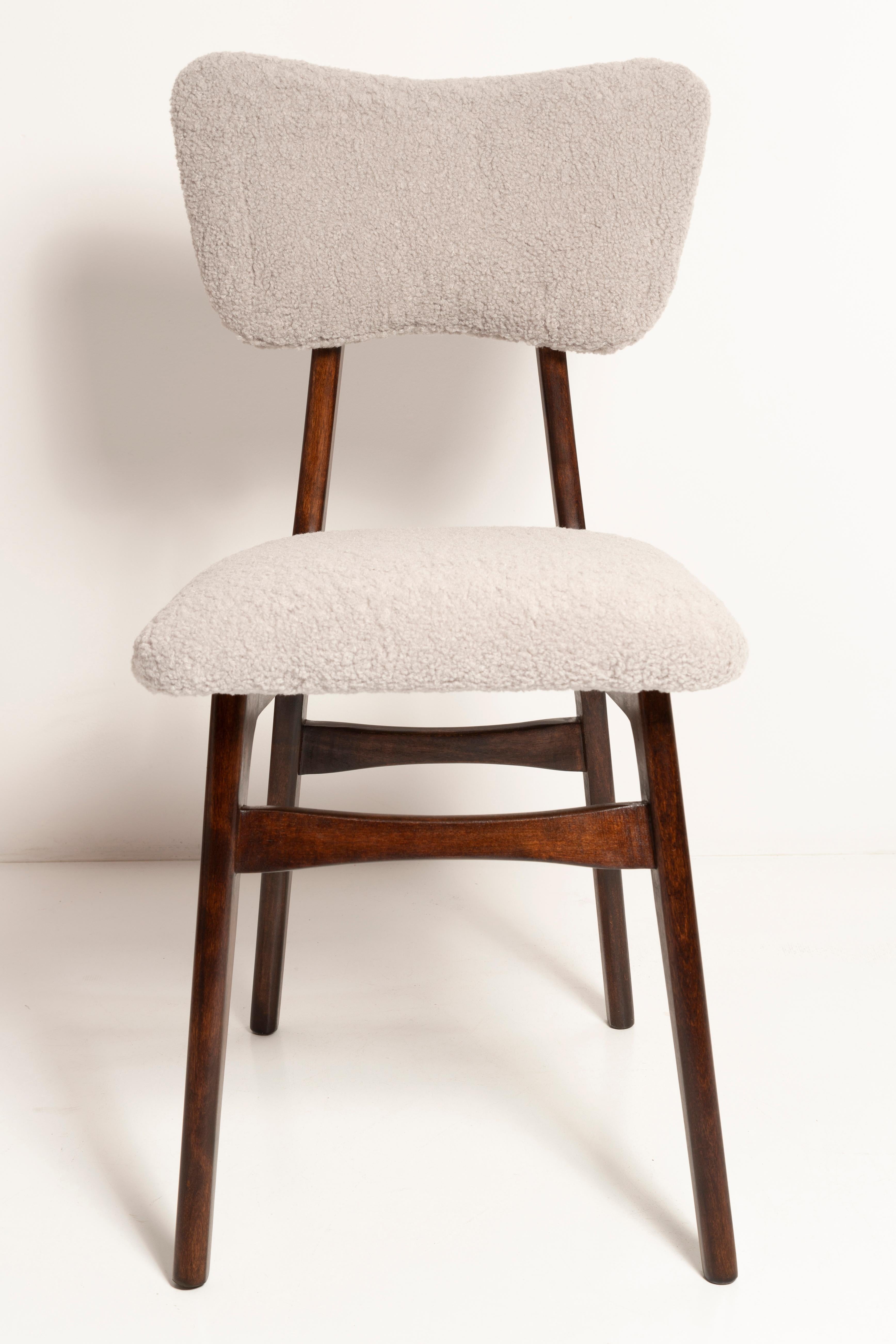 Set of Ten Mid Century Chairs, Light Gray Boucle, Dark Walnut Wood, Europe, 1960s For Sale 4