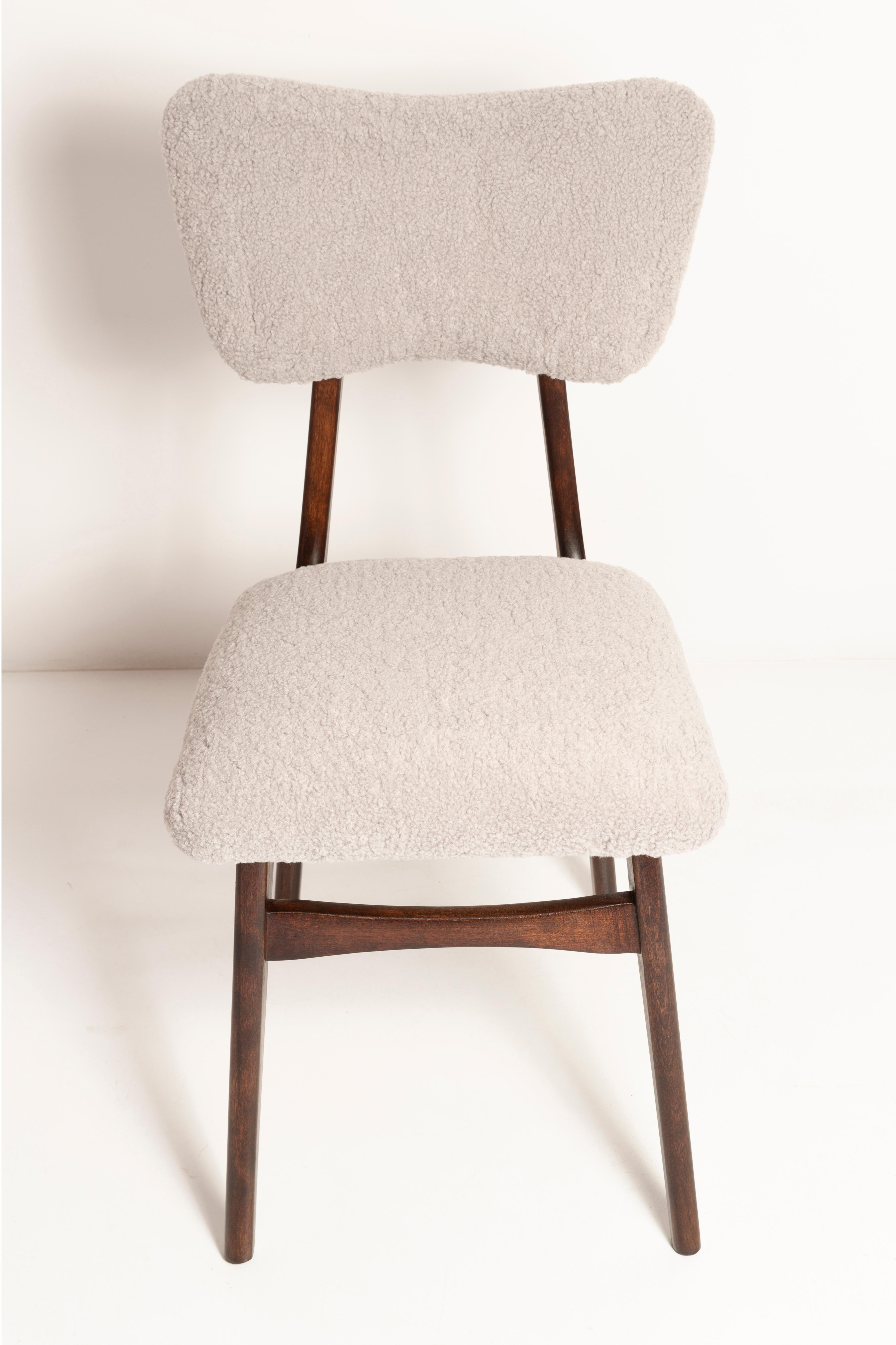 Set of Ten Mid Century Chairs, Light Gray Boucle, Dark Walnut Wood, Europe, 1960s For Sale 5