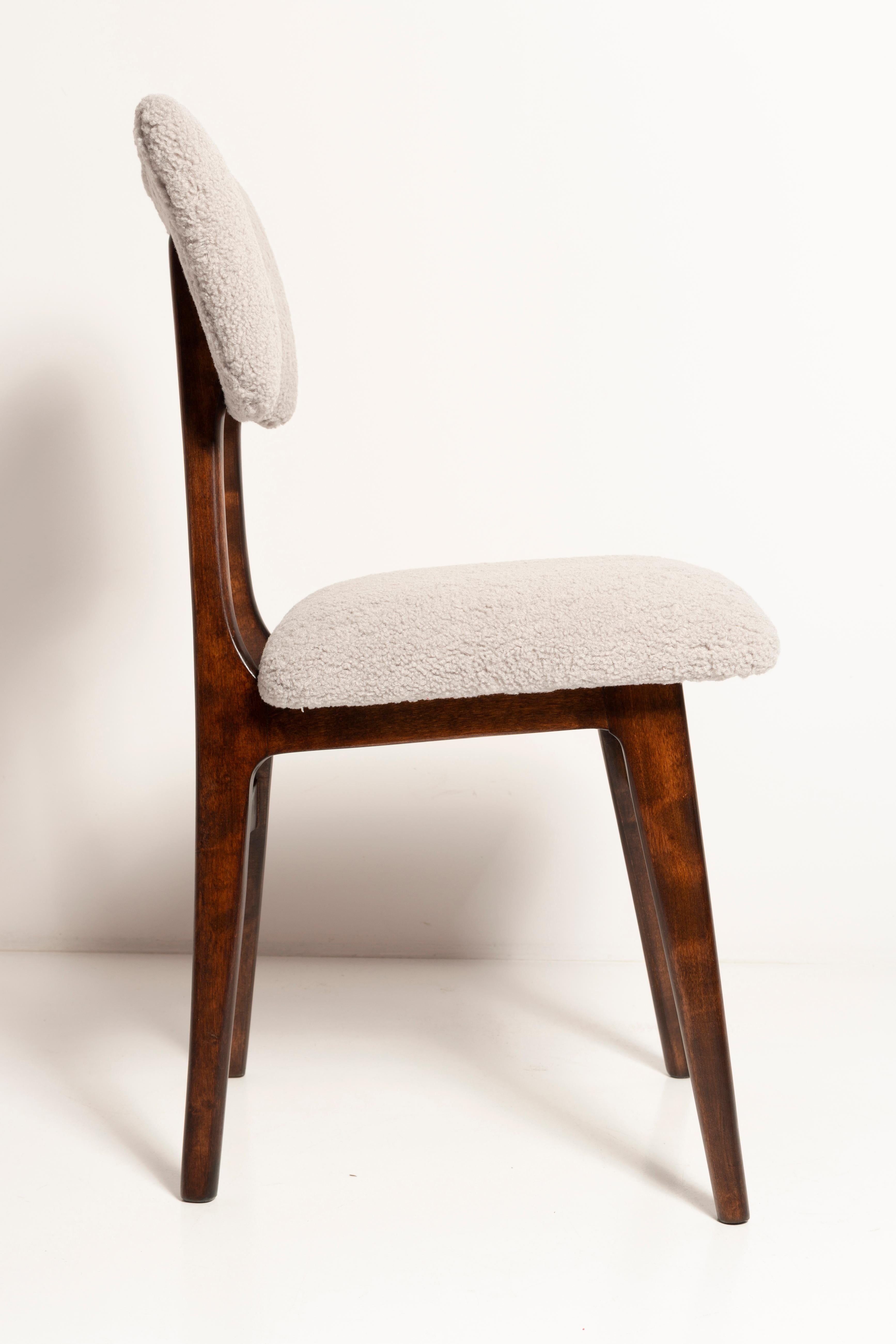 Polish Set of Ten Mid Century Chairs, Light Gray Boucle, Dark Walnut Wood, Europe, 1960s For Sale