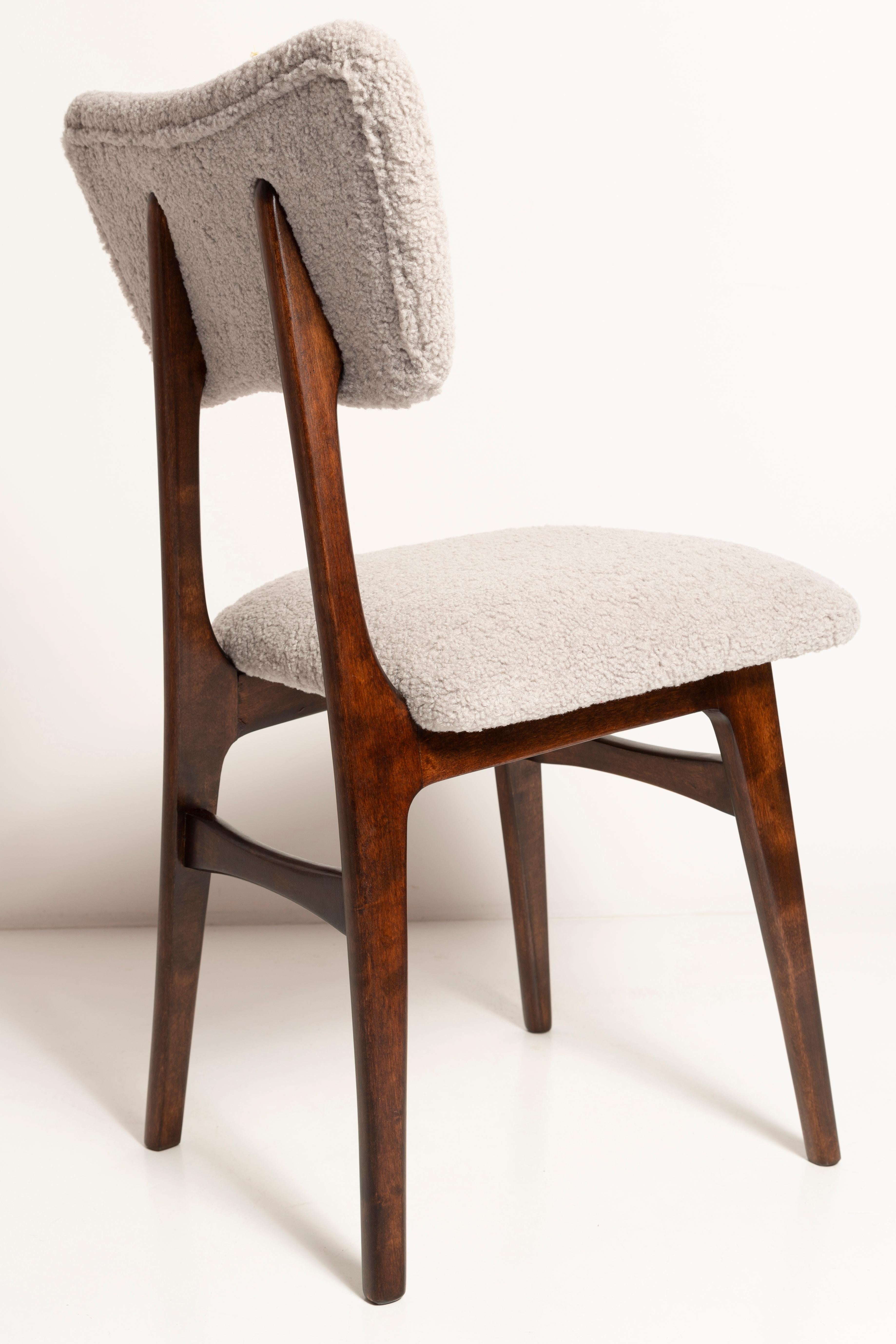 Fabric Set of Ten Mid Century Chairs, Light Gray Boucle, Dark Walnut Wood, Europe, 1960s For Sale