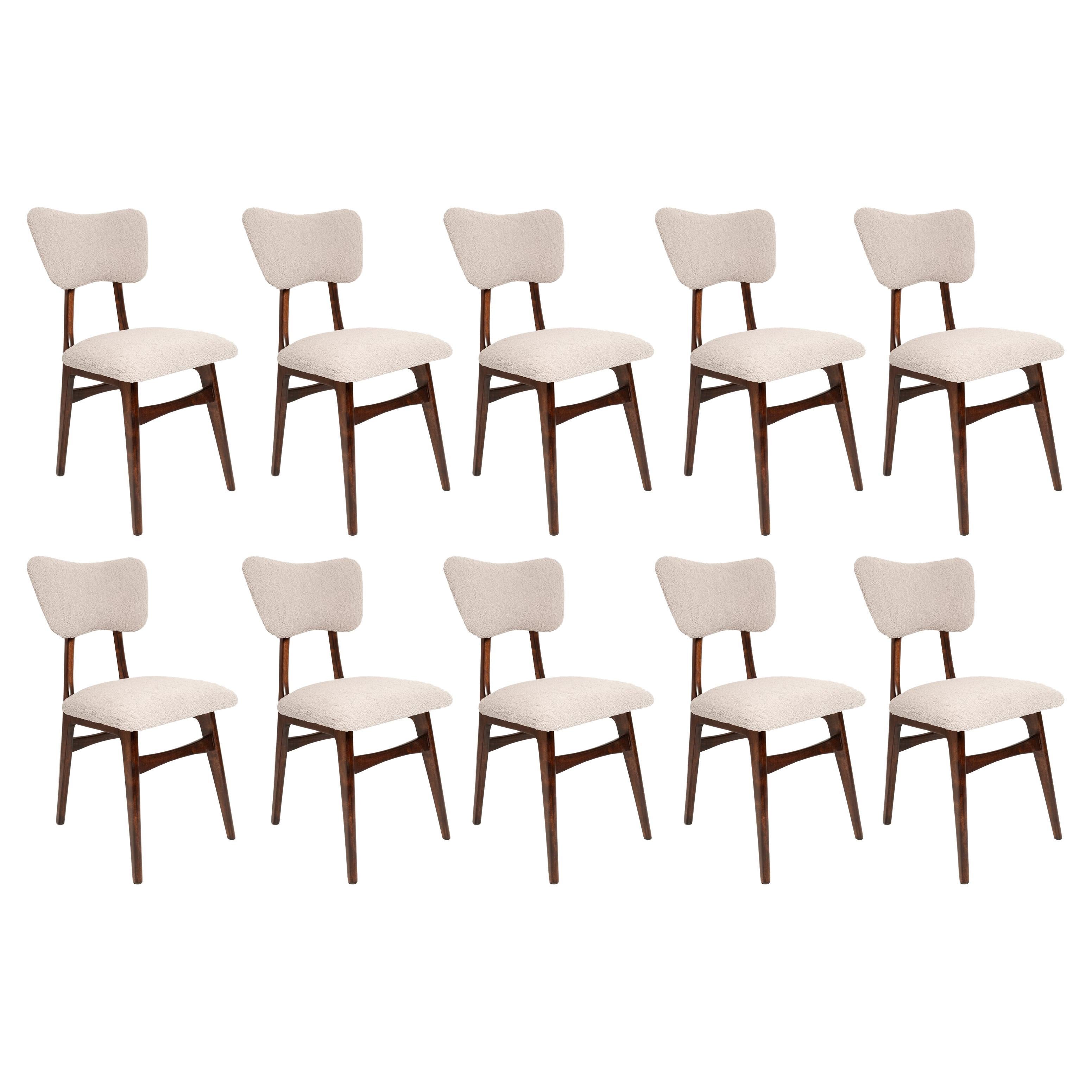 Set of Ten Mid Century Chairs, Light Gray Boucle, Dark Walnut Wood, Europe, 1960s