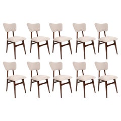 Vintage Set of Ten Mid Century Chairs, Light Gray Boucle, Dark Walnut Wood, Europe, 1960s