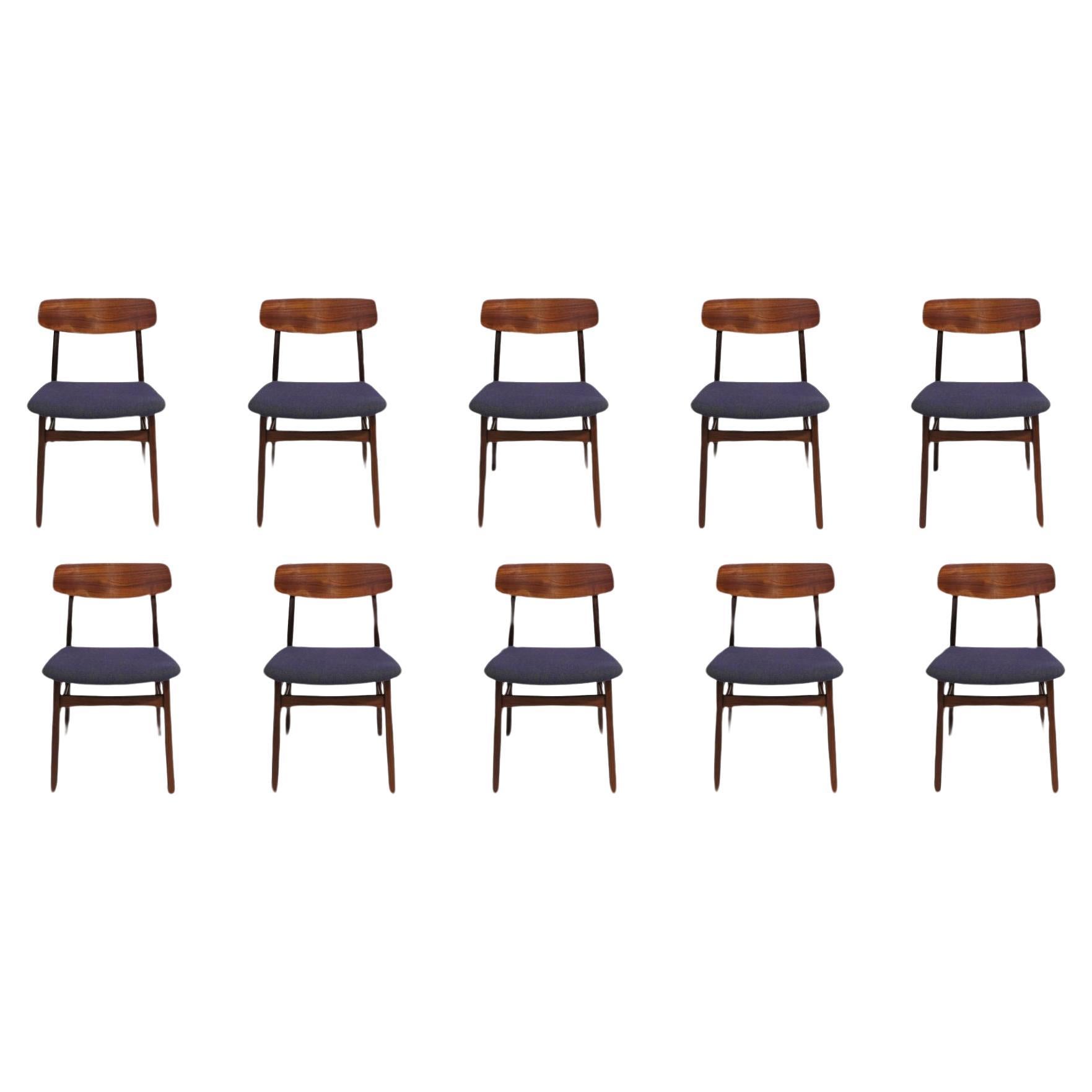 Set of Ten Mid-century Danish Teak Dining Chairs in Purple Wool Textile For Sale