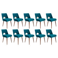 Vintage Set of Ten Mid Century Emerald Green Velvet 'Shell' Chairs, Europe, 1960s