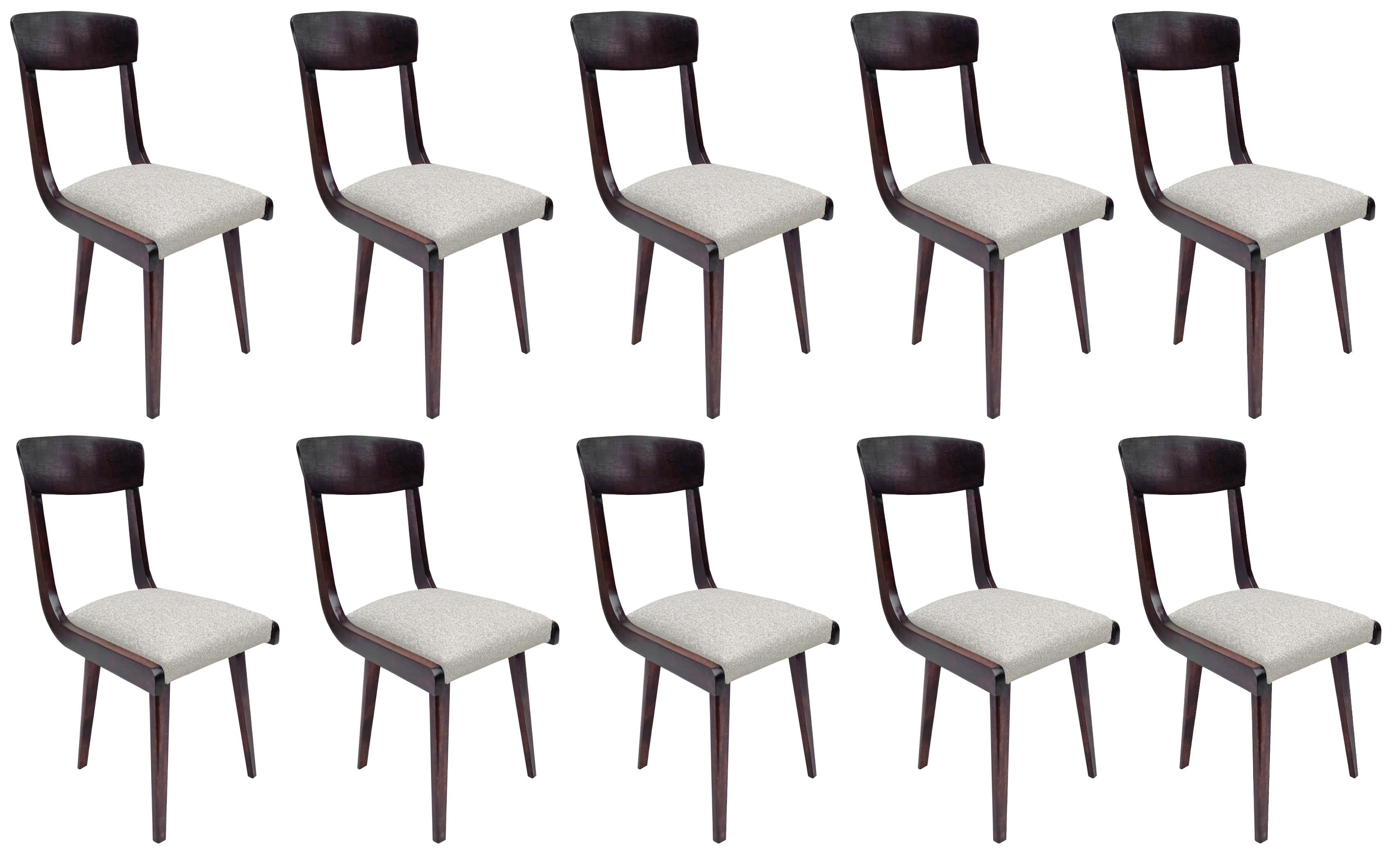 Set of Ten Mid Century Gazelle Beige Velvet Dark Wood Chairs, Europe, 1960s For Sale 1