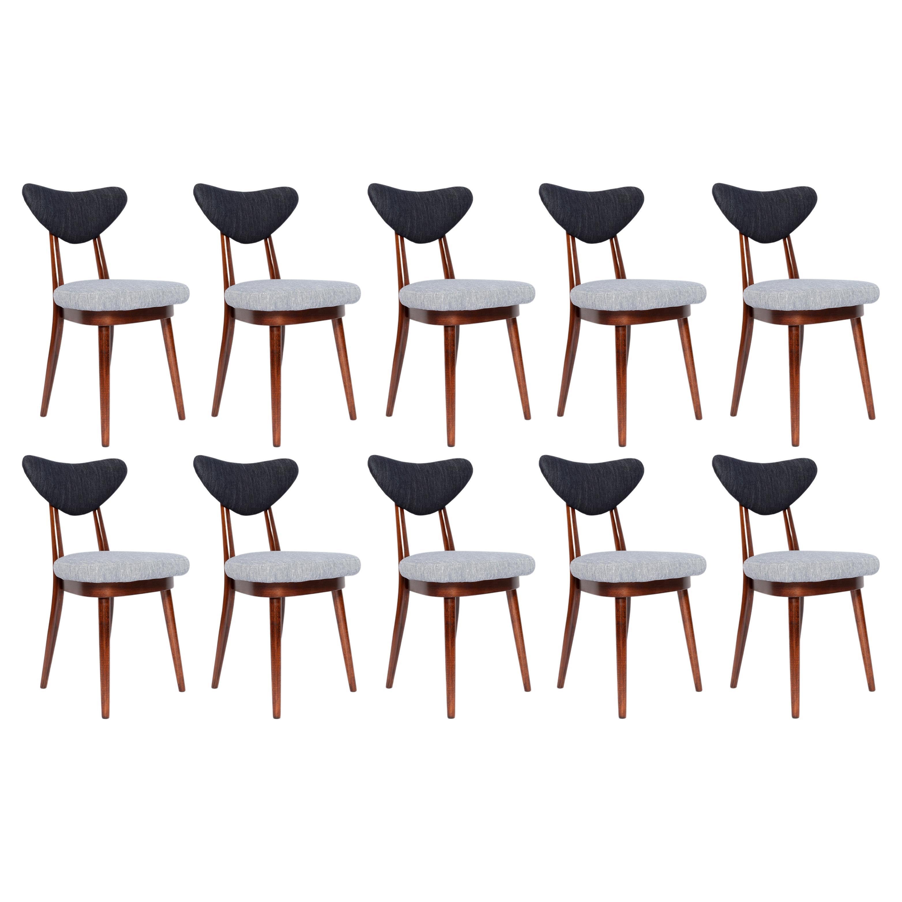 Set of Ten Midcentury Light and Dark Blue Denim Heart Chairs, Europe, 1960s