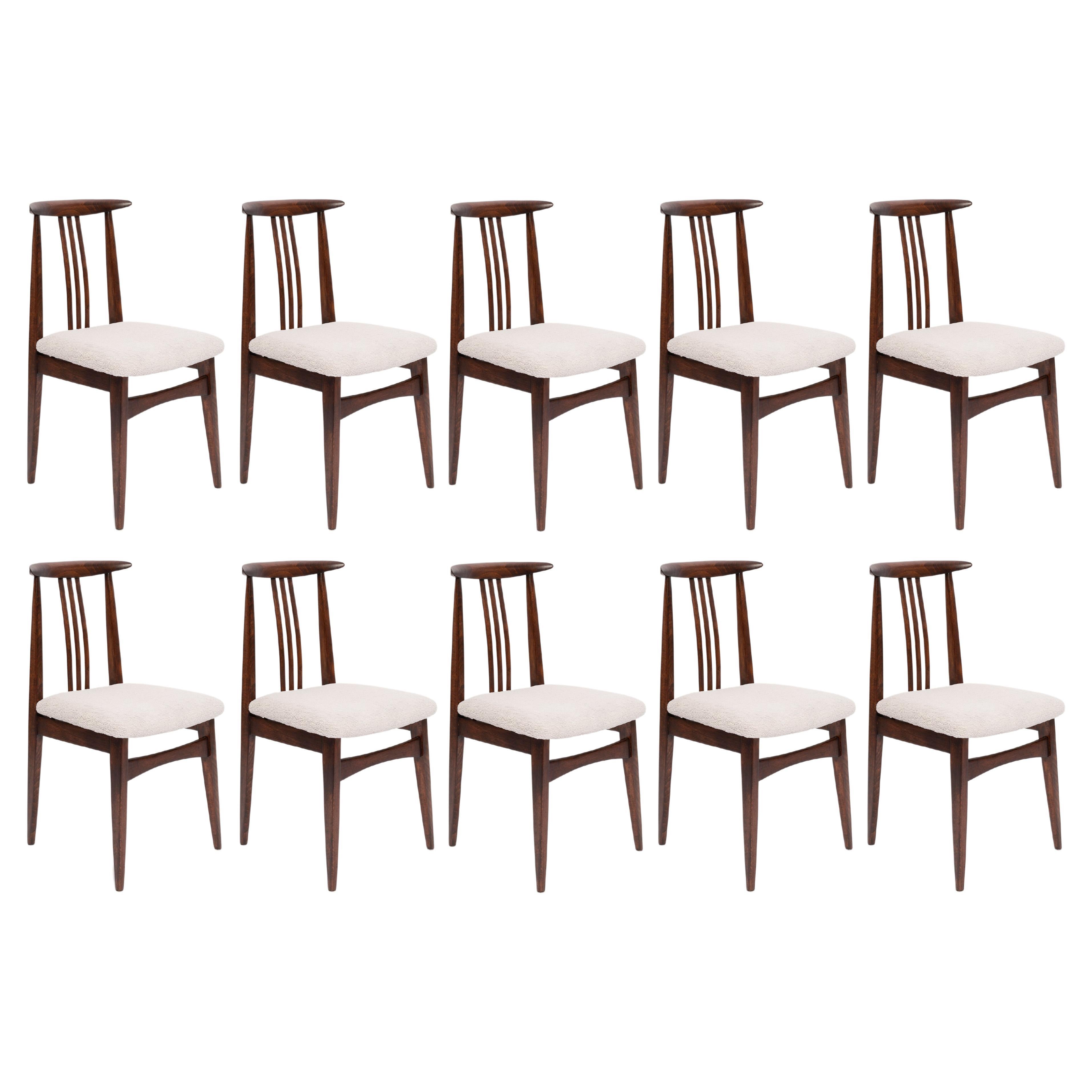 Set of Ten Mid-Century Linen Boucle Chairs, Walnut, M. Zielinski, Europe, 1960s For Sale