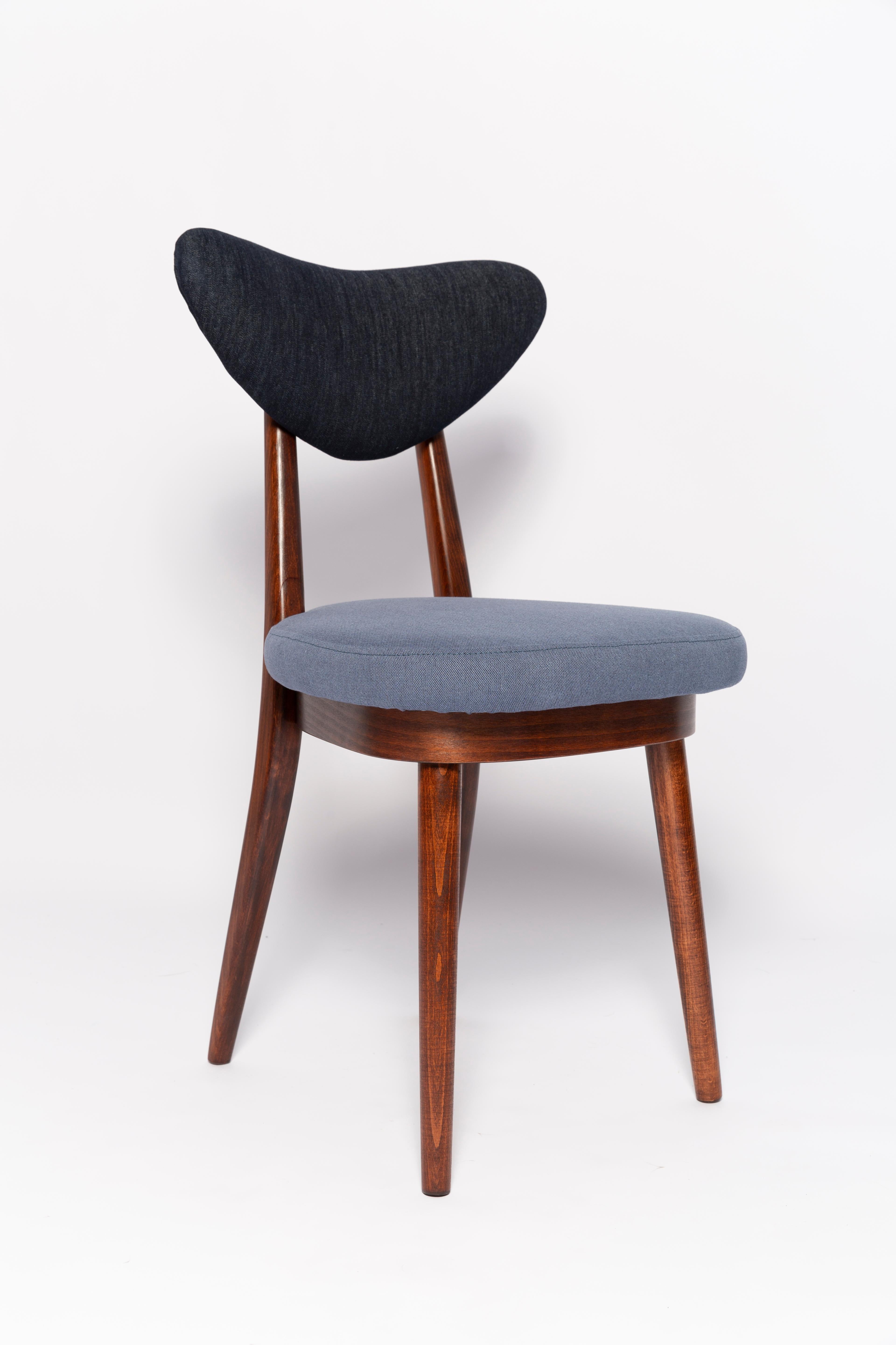 Velvet Set of Ten Midcentury Medium and Dark Blue Denim Heart Chairs, Europe, 1960s For Sale