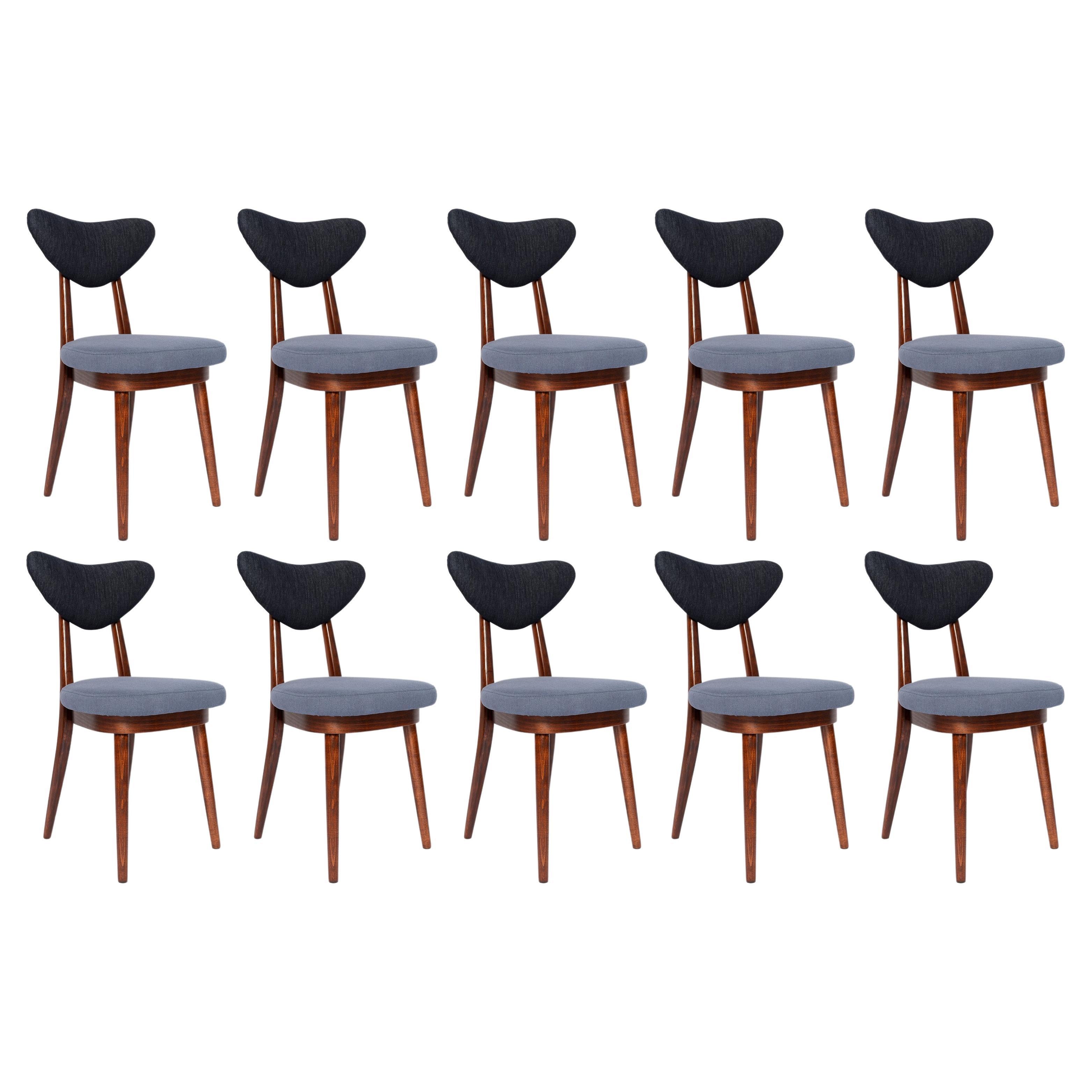 Set of Ten Midcentury Medium and Dark Blue Denim Heart Chairs, Europe, 1960s For Sale