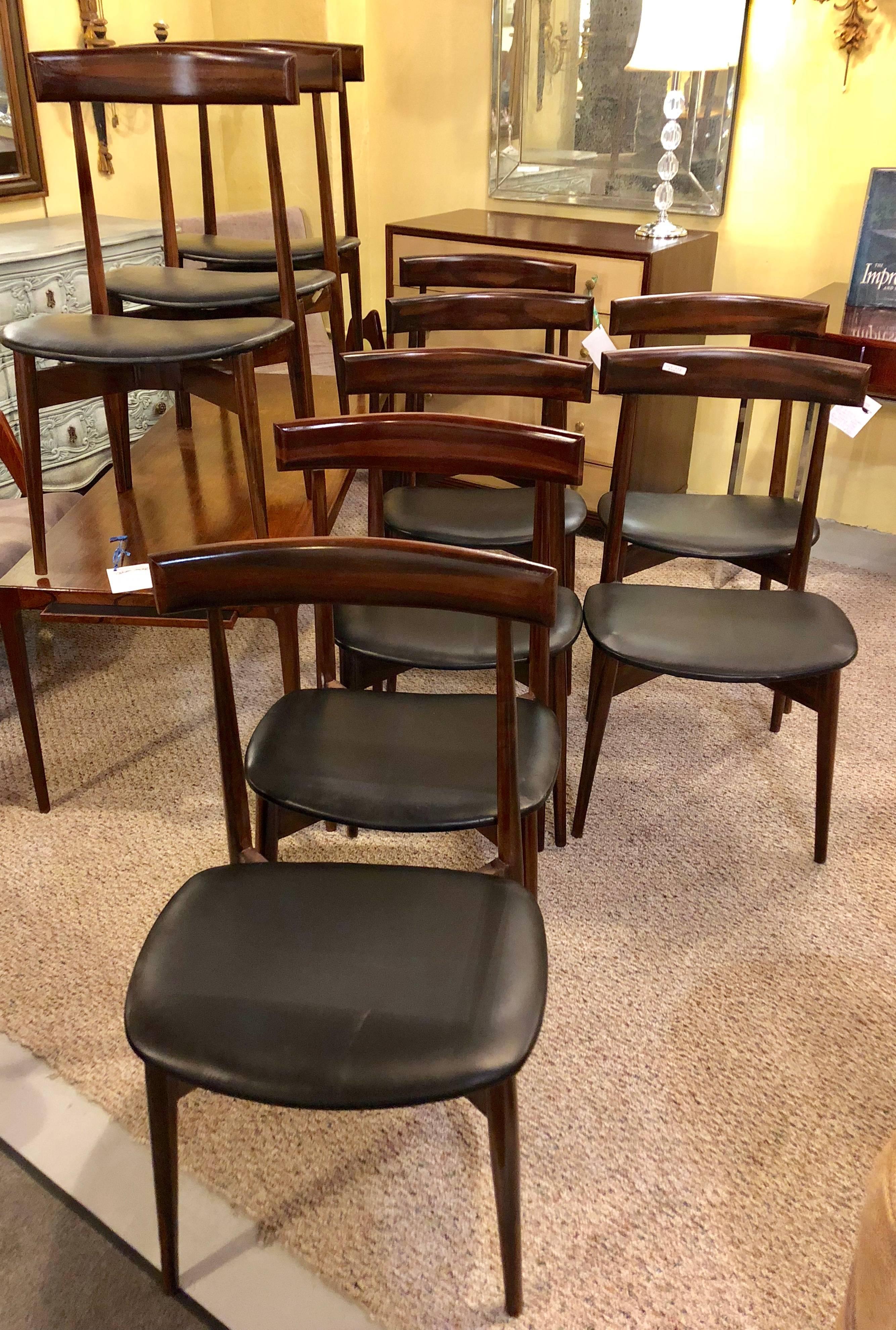 Set of Ten Mid-Century Modern Slat Back Black Leather Dining Chairs 6