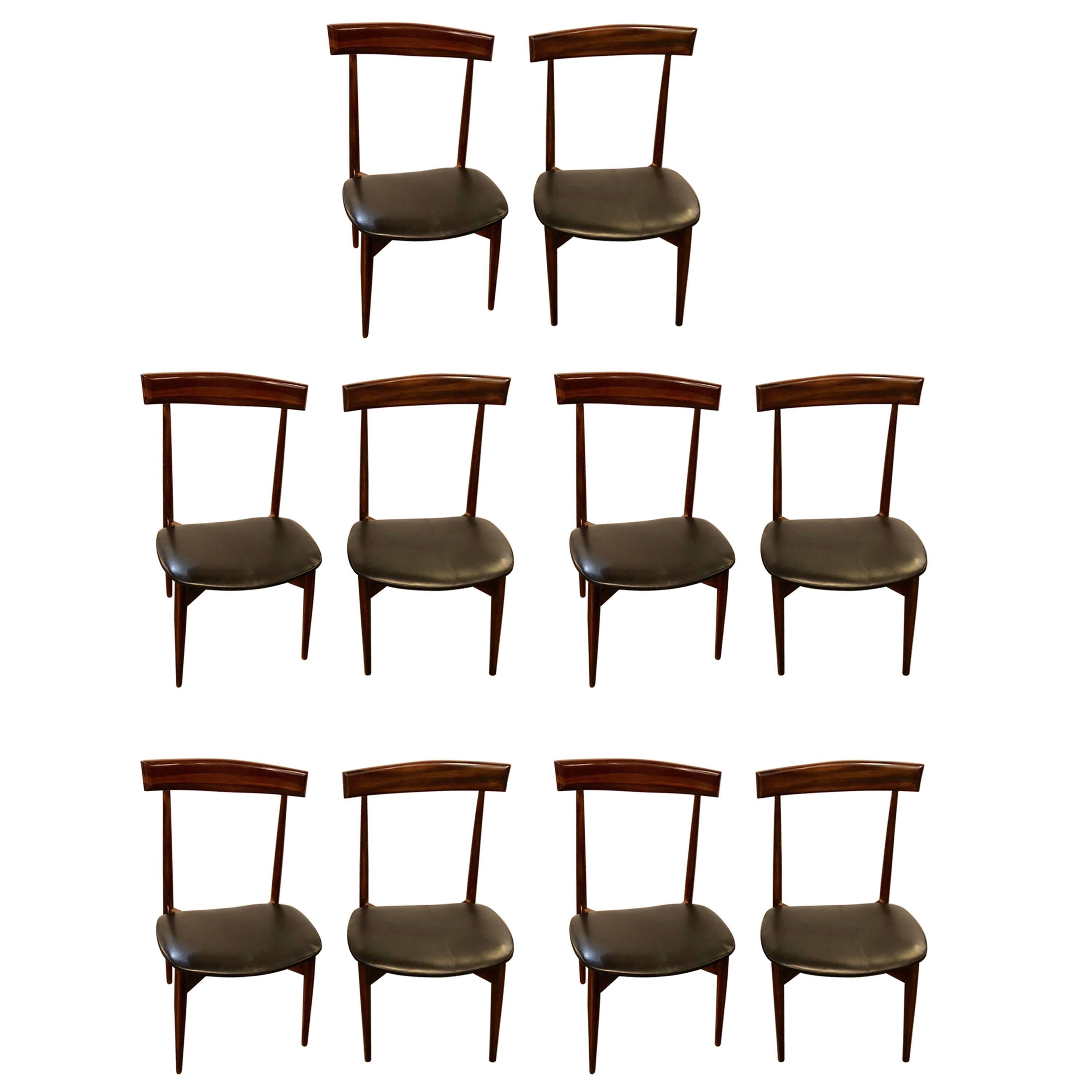 Set of Ten Mid-Century Modern Slat Back Black Leather Dining Chairs