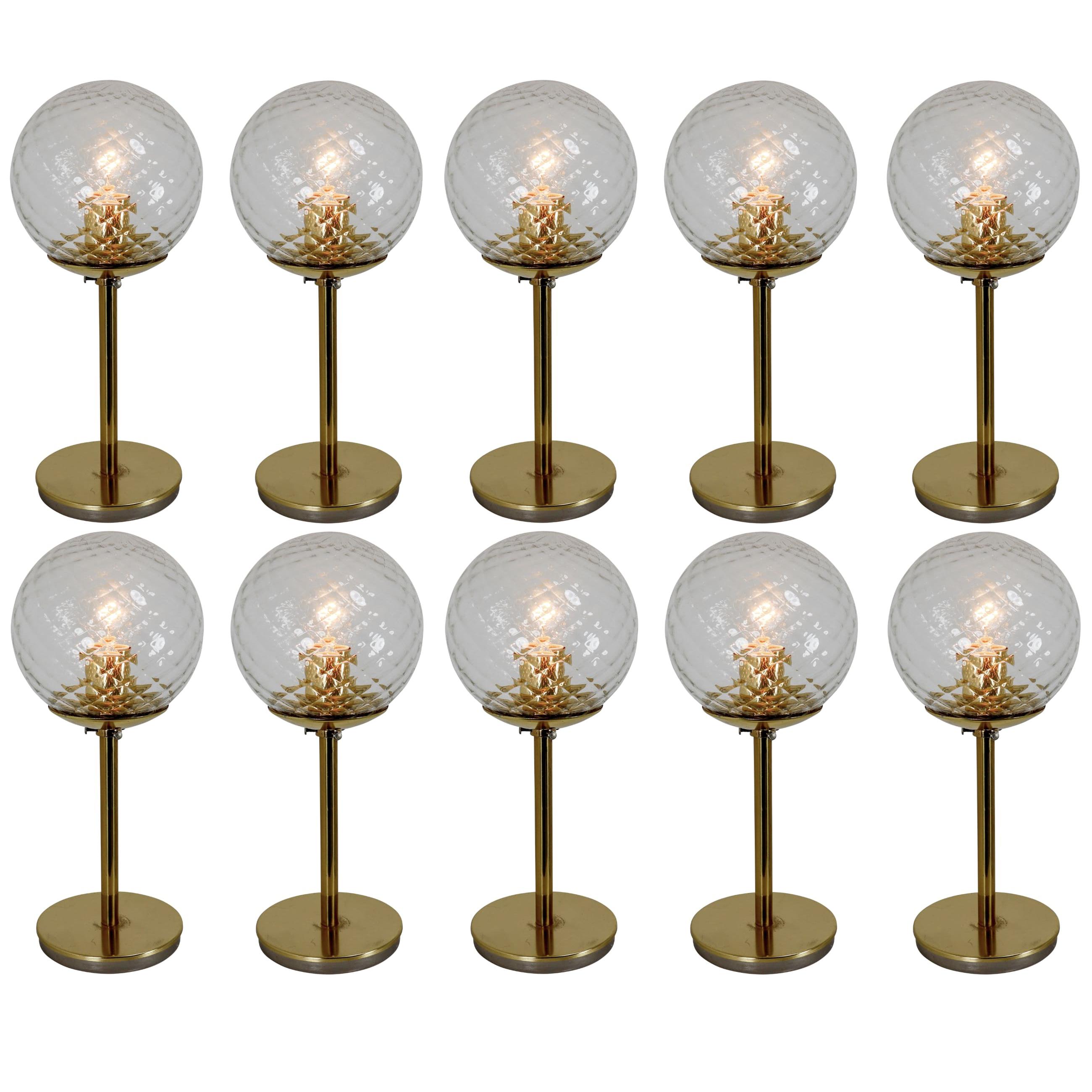 Set of Ten Mid-Century Modernist Brass Table Lamps with Structure Glass, 1970s