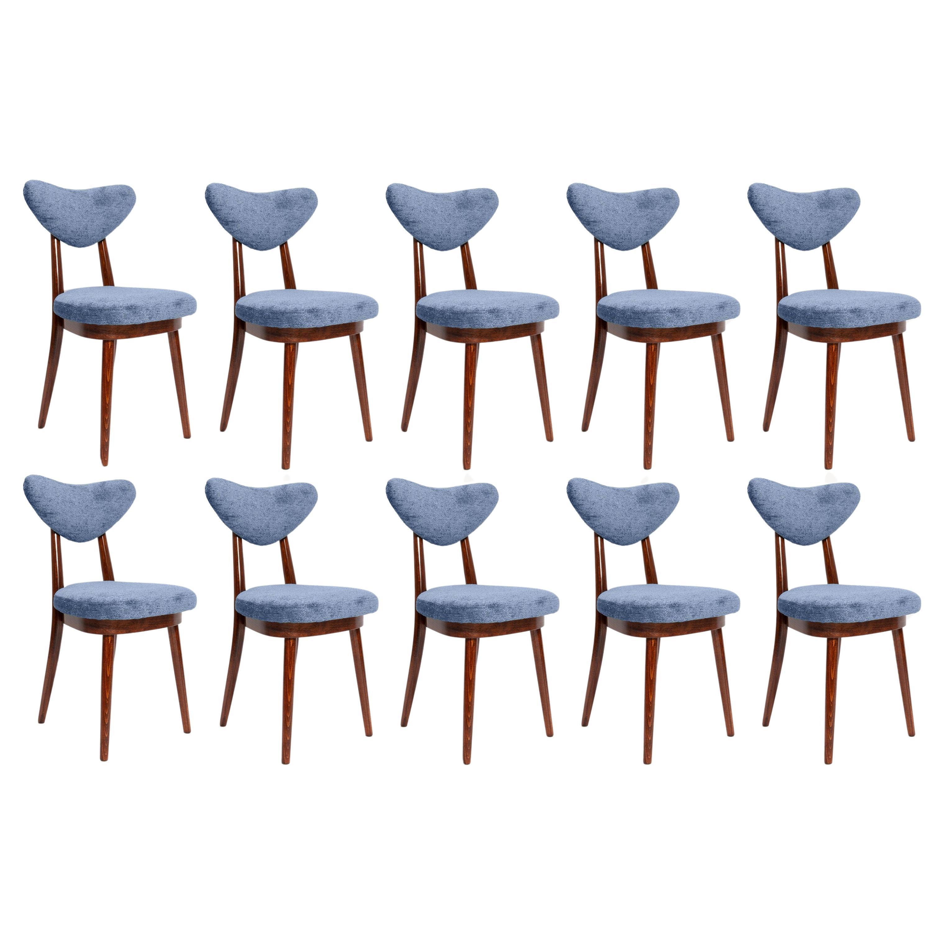 Set of Ten Mid Century Vintage Blue Heart Velvet Chairs, Europe, 1960s