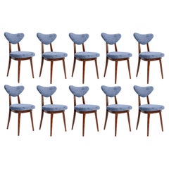 Set of Ten Mid Century Vintage Blue Heart Velvet Chairs, Europe, 1960s