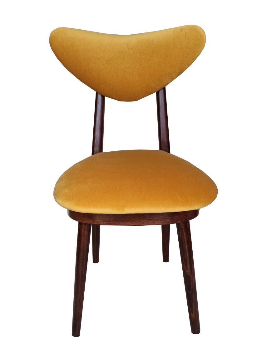 Mid-Century Modern Set of Ten Mid Century Yellow Velvet, Walnut Wood, Heart Chairs, Poland, 1960s For Sale