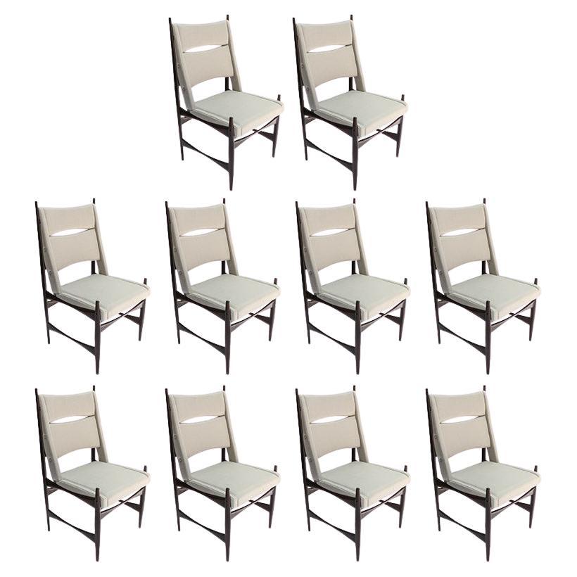 Set of Ten Midcentury Brazilian Dining Chairs in Beige Linen
