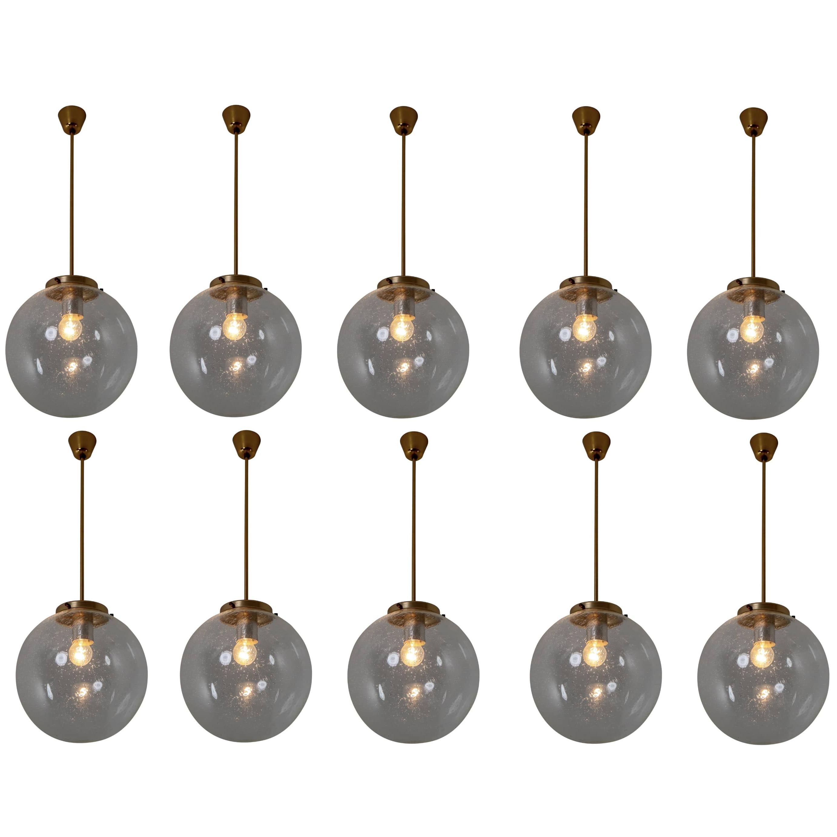 Set of Ten Midcentury Pendants in Handblown Glass and Copper Color Fixture
