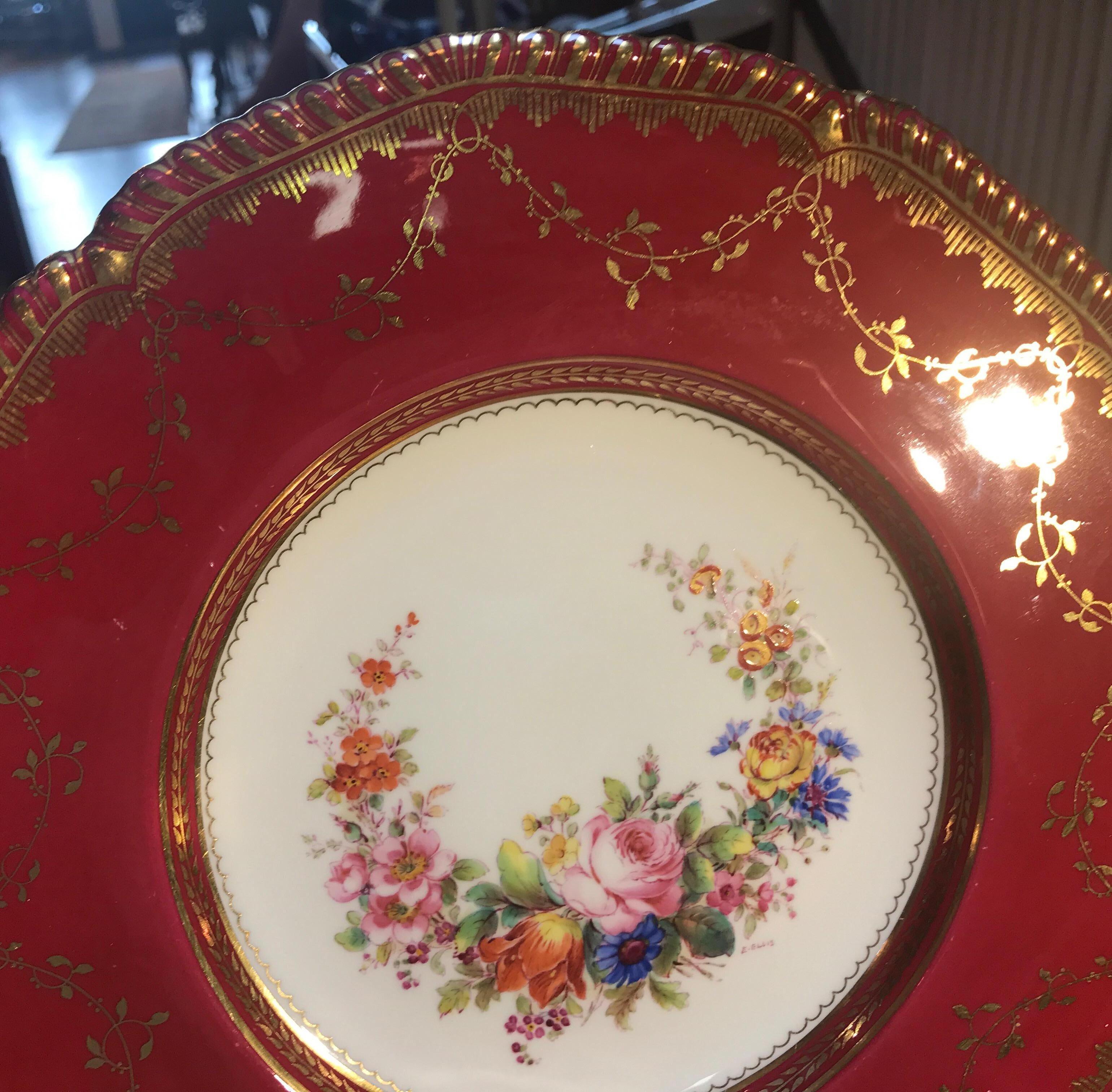 Set of Ten Minton Hand-Painted Service Dinner Plates In Excellent Condition In Lambertville, NJ