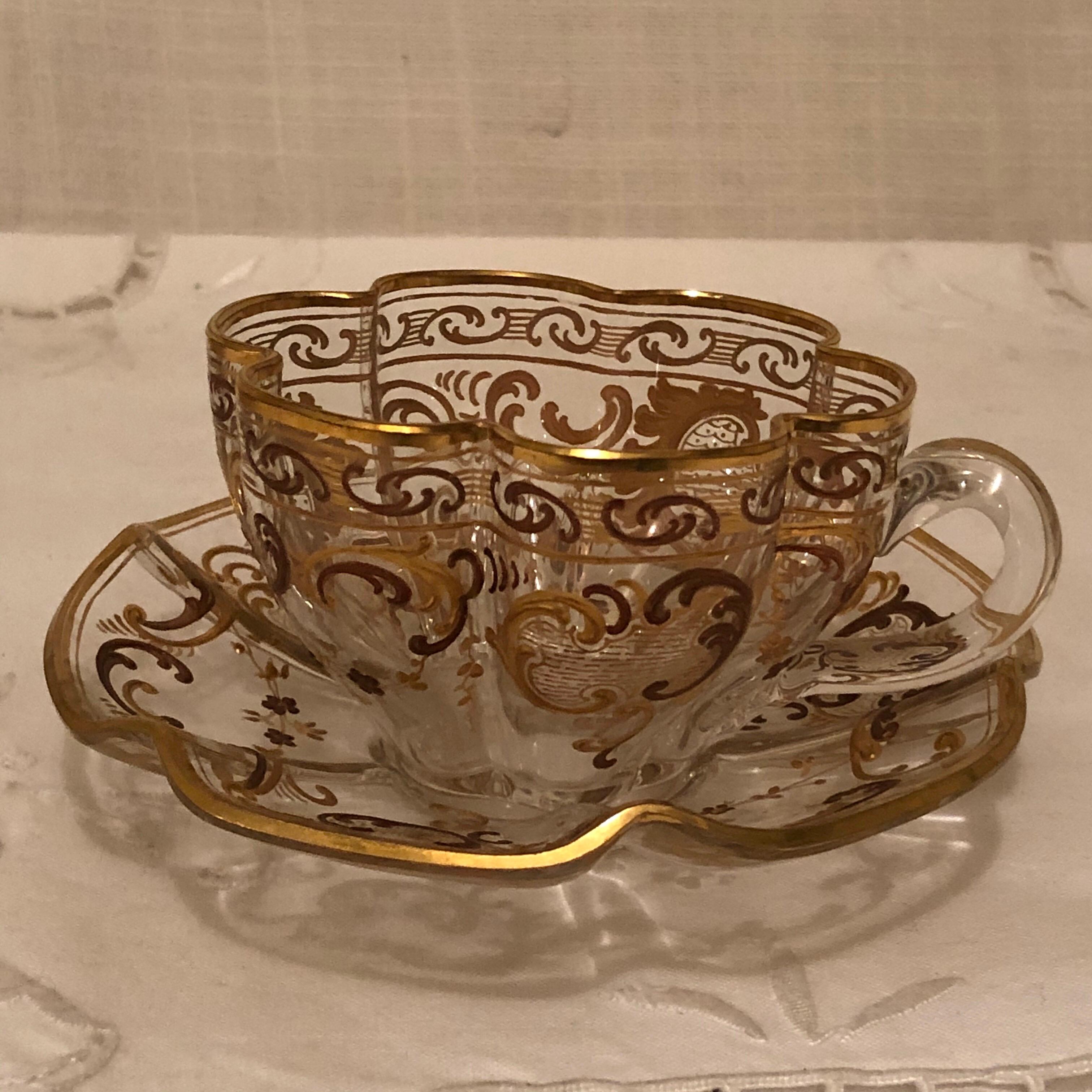 Rococo Set of Ten Moser Cups and Saucers with Raised Gilding