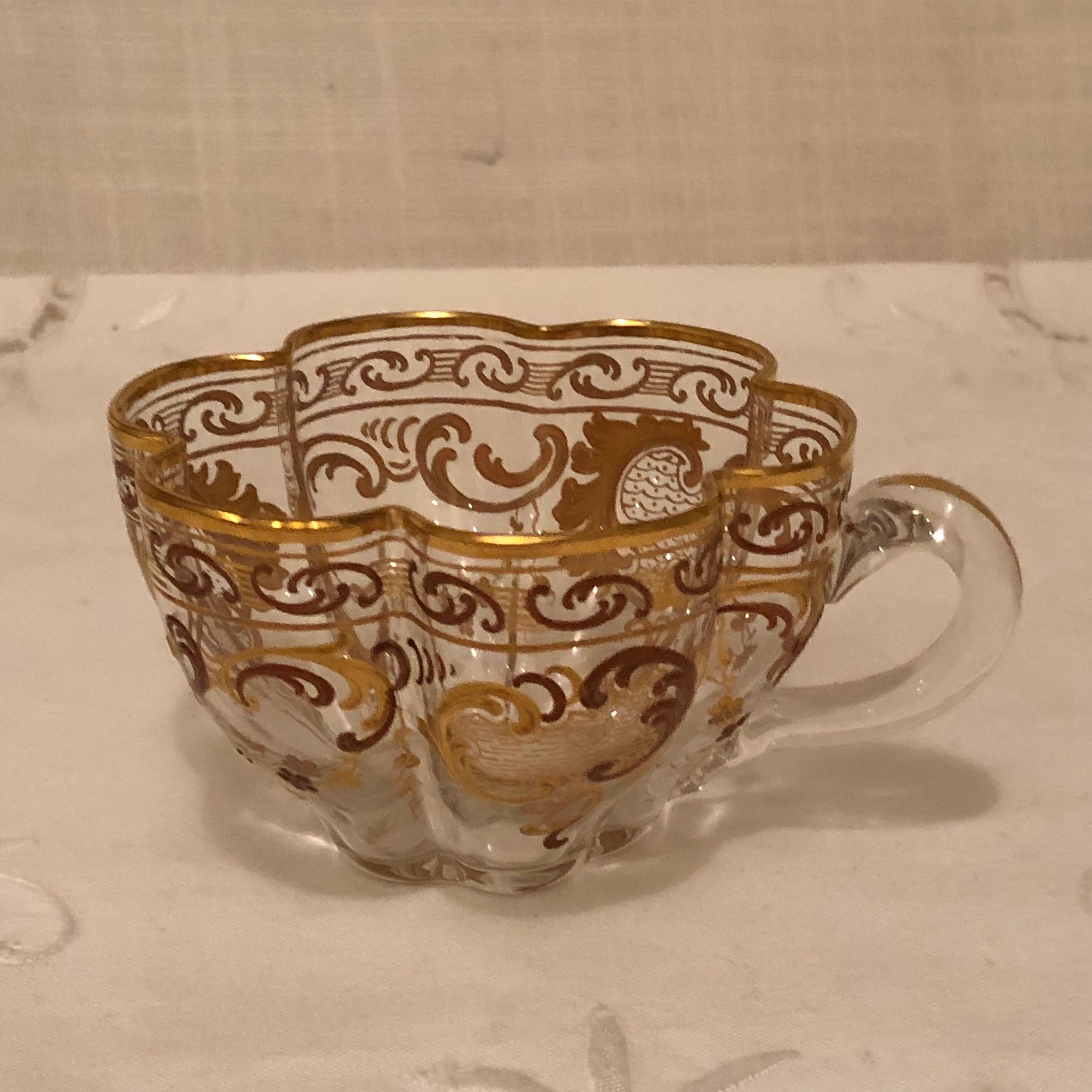 Czech Set of Ten Moser Cups and Saucers with Raised Gilding
