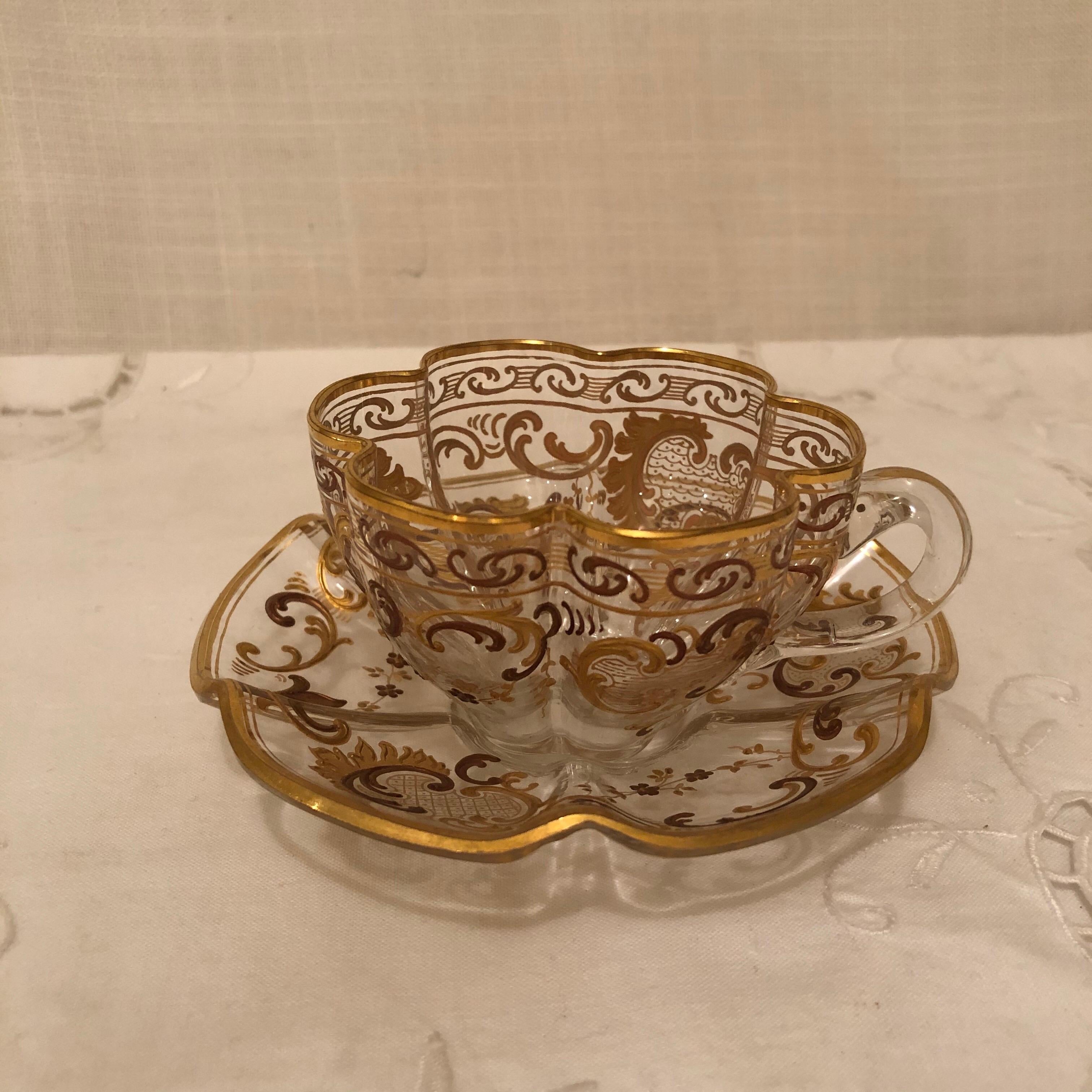 20th Century Set of Ten Moser Cups and Saucers with Raised Gilding