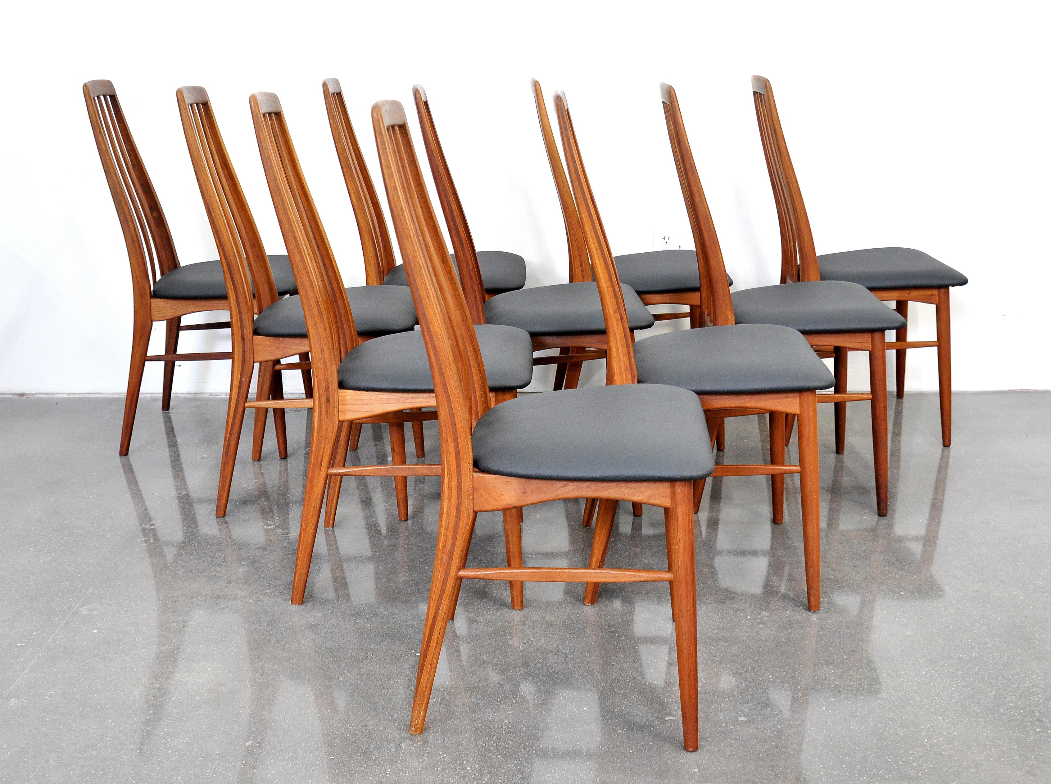 Set of ten Mid-Century Danish Modern dining chairs designed by Niels Koefoed, manufactured by Koefoeds Mobelfabrik and dating from the late 1960s. The sculpted solid teak frames are in original condition with great patina. They feature tapering