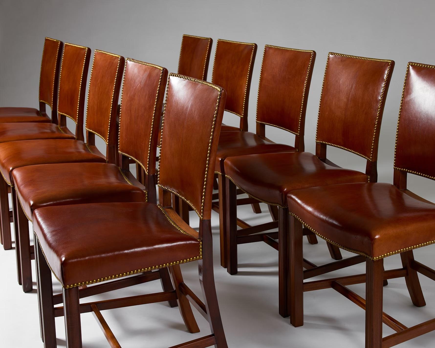 20th Century Set of ten Niger leather 'Red Chairs' designed by Kaare Klint Denmark, 1928 For Sale