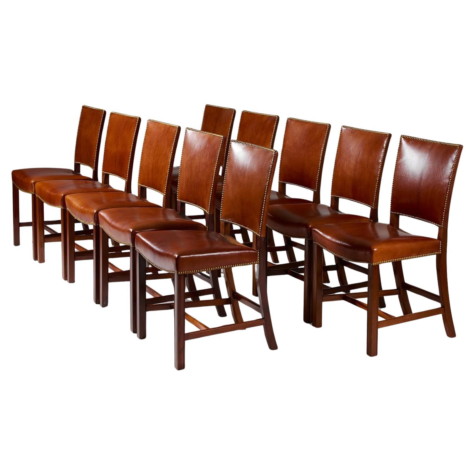 Set of ten Niger leather 'Red Chairs' designed by Kaare Klint Denmark, 1928 For Sale