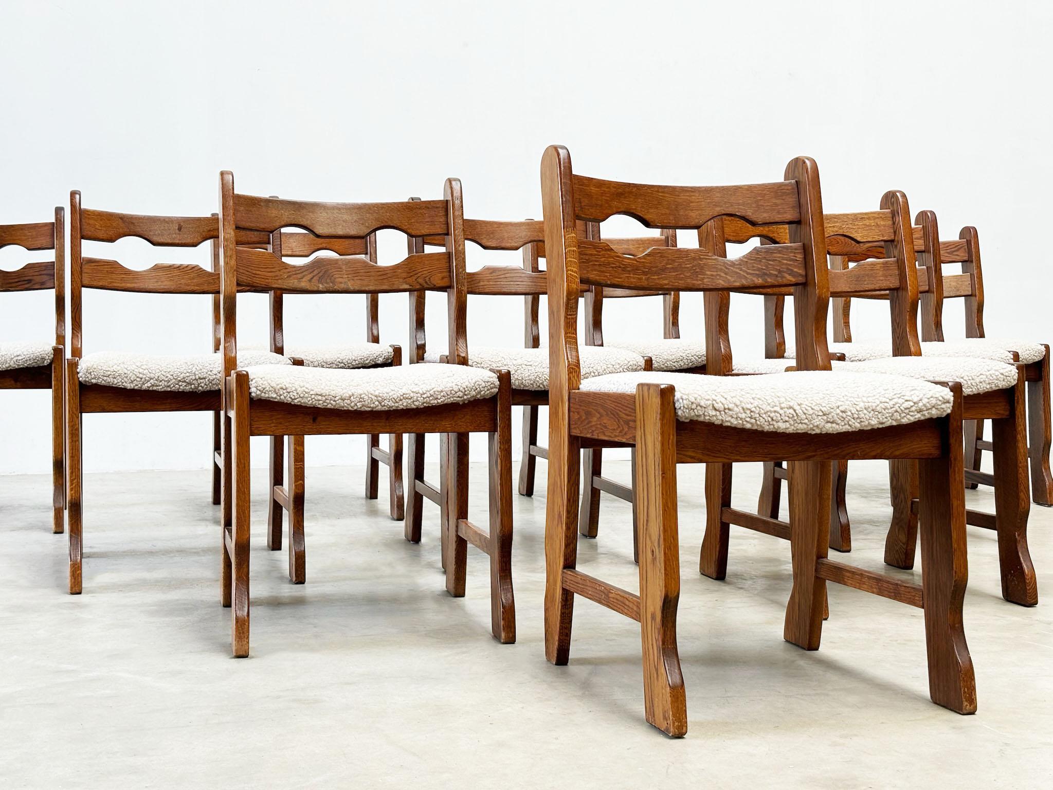 Set of ten oak brutalist razorback and bouclé dining chairs 4